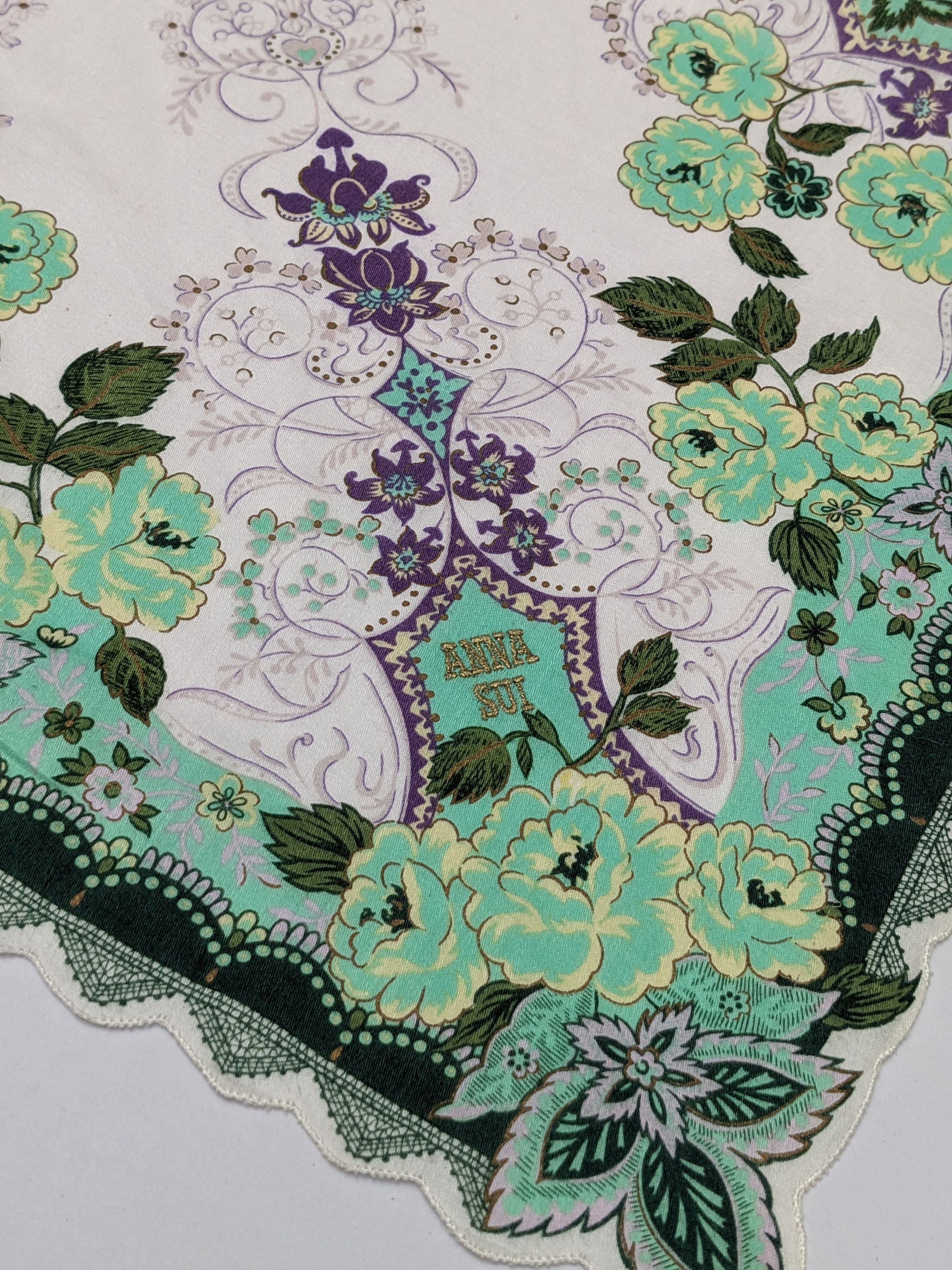 Anna Sui Anna Sui Designer Pocket Square Teal Rose & Gothic Scroll Size ONE SIZE - 2 Thumbnail