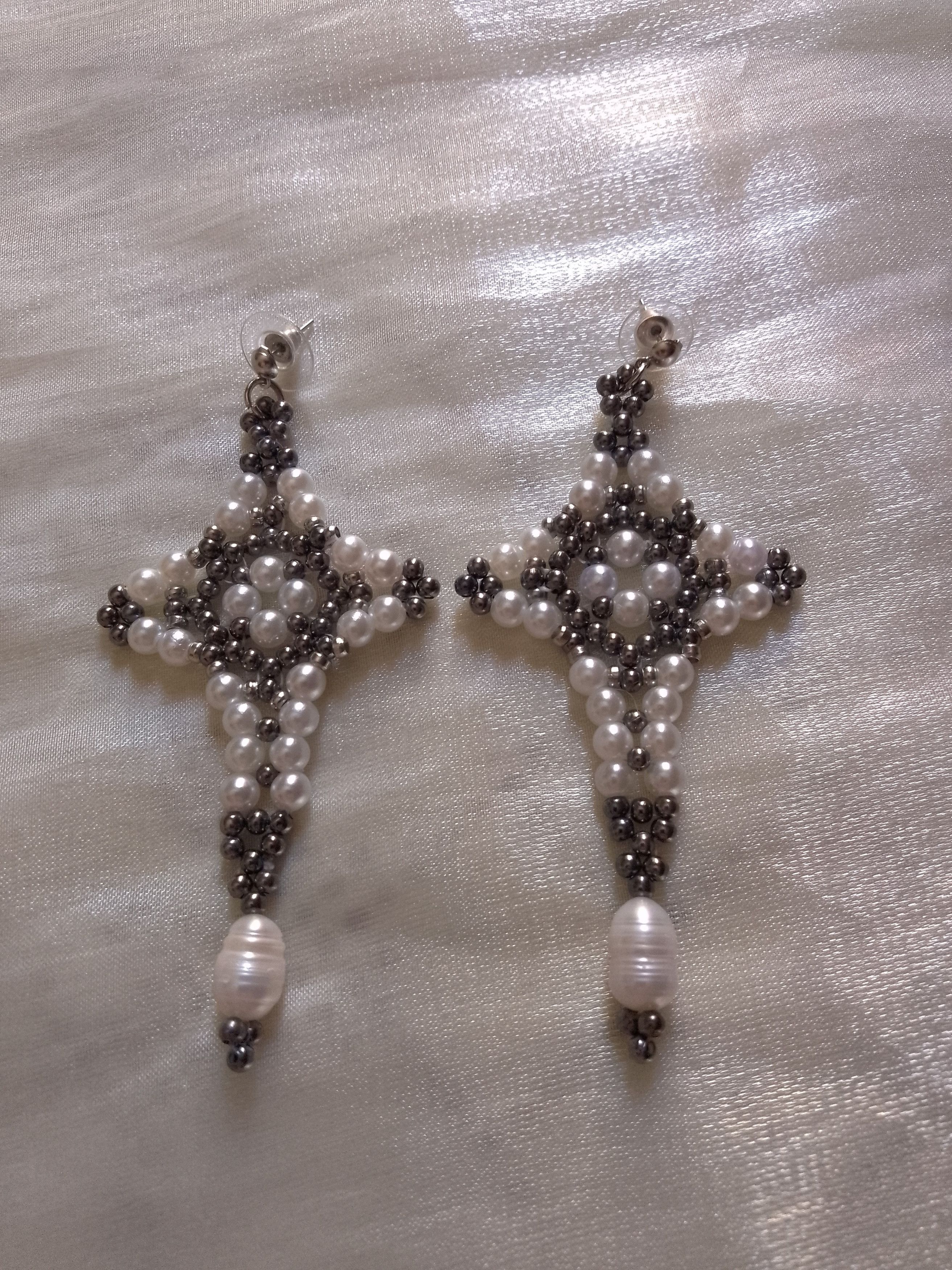 Handmade Cross Earrings Gothic freshwater pearls dangling Size ONE SIZE - 2 Thumbnail