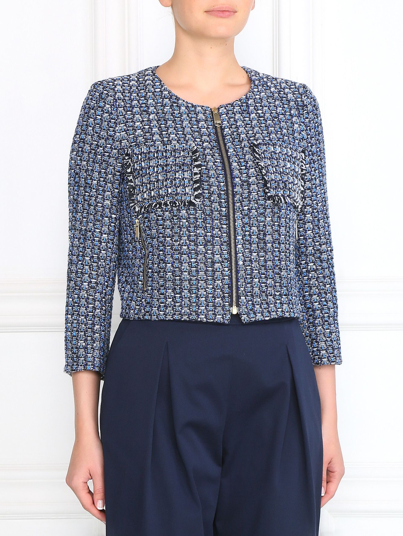 MAX&Co. × Max Mara Max & Co. By Max Mara Full Zip Blue Pattern Short Jacket Size M / US 6-8 / IT 42-44 - 1 Thumbnail