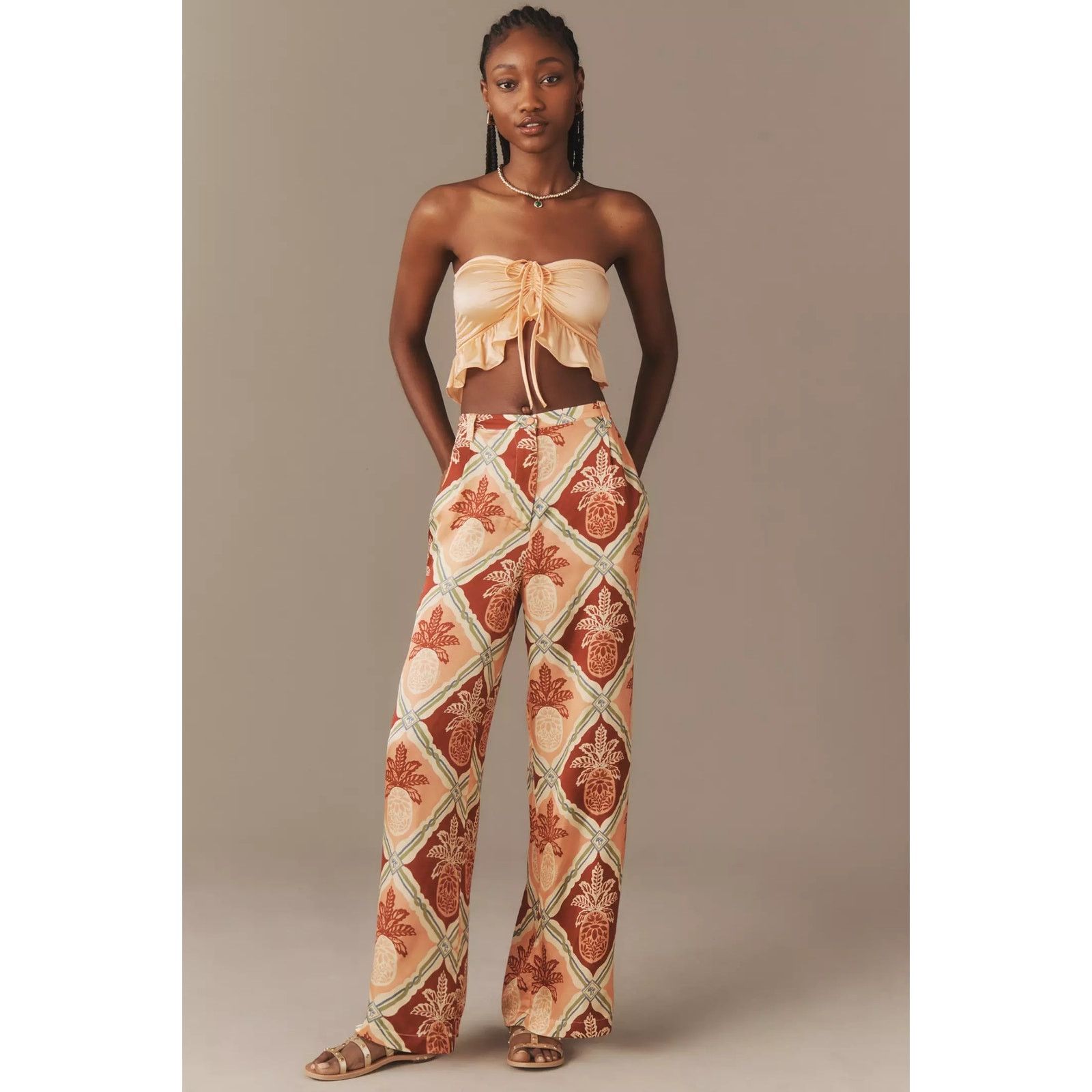 Anthropologie × Farm Rio New Pineapple Satin Wide-Leg Pants $188 X-SMALL Red Size 26" / US 2 / IT 38 - 1 Thumbnail