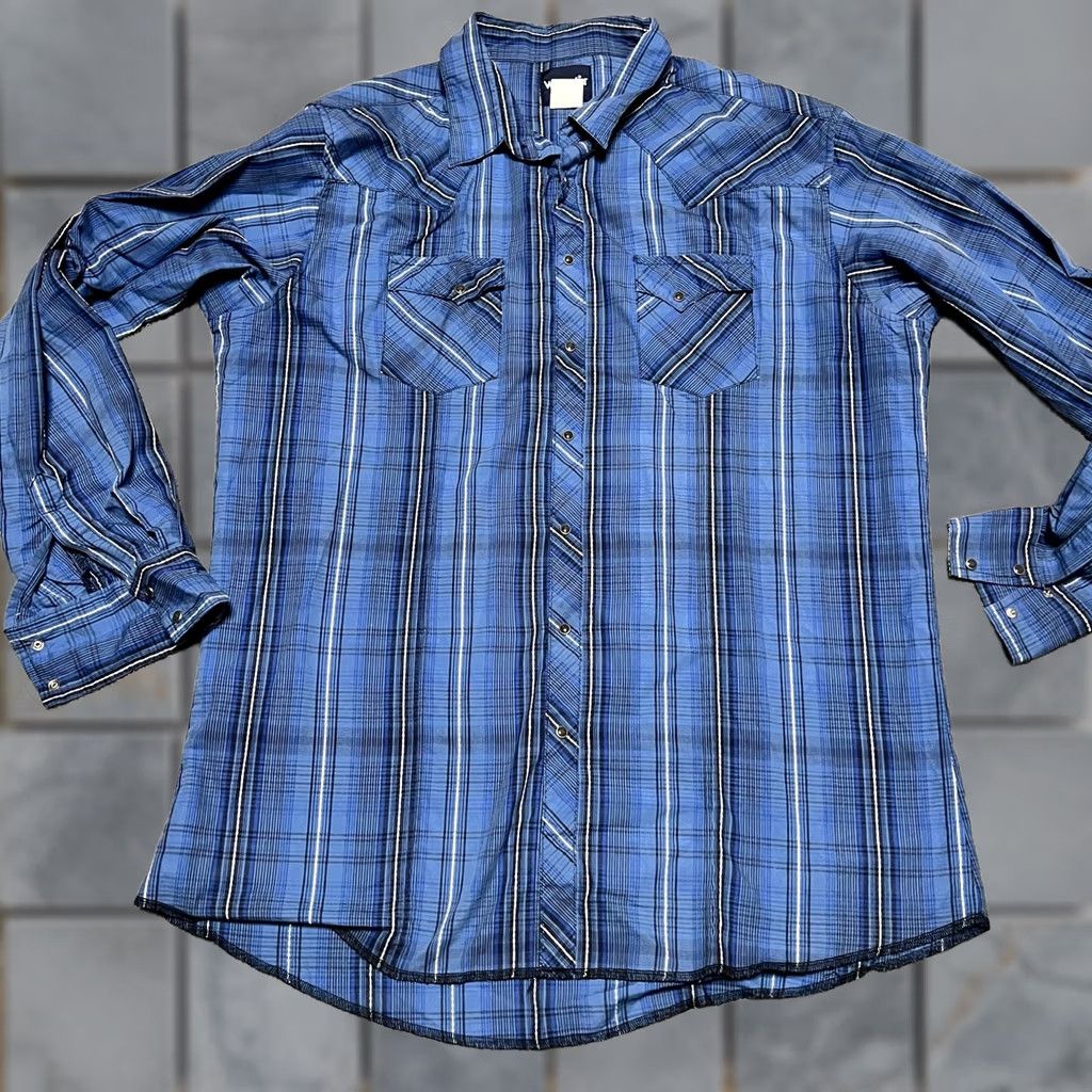 Wrangler VINTAGE Wrangler Shirt Mens XXL Tall Blue Pearl Snap Plaid Western Long Sleeve Size US XXL / EU 58 / 5 - 1 Thumbnail