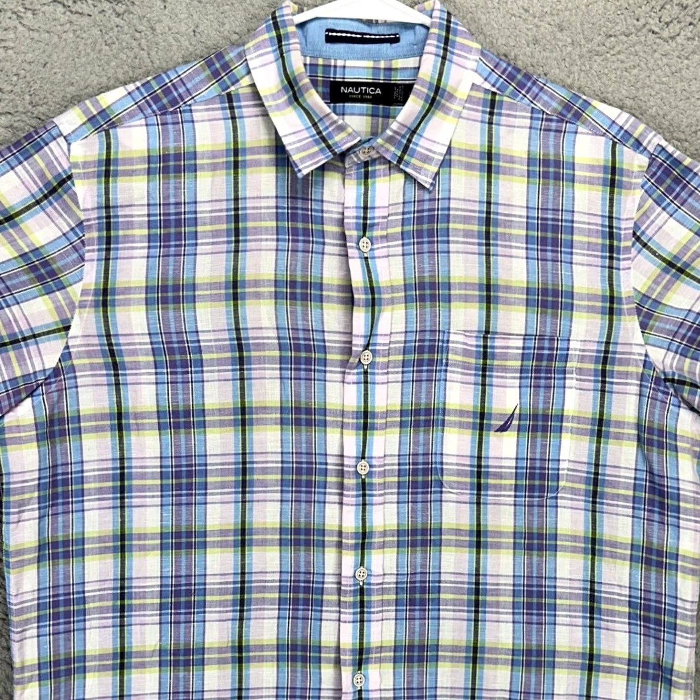 Nautica Nautica Button-Up Shirt Men Large Purple Blue Plaid Short Sleeve Linen Blend Cotton Linen Microfiber Breathable Button-Down Collared Pocket? Size US L / EU 52-54 / 3 - 2 Thumbnail