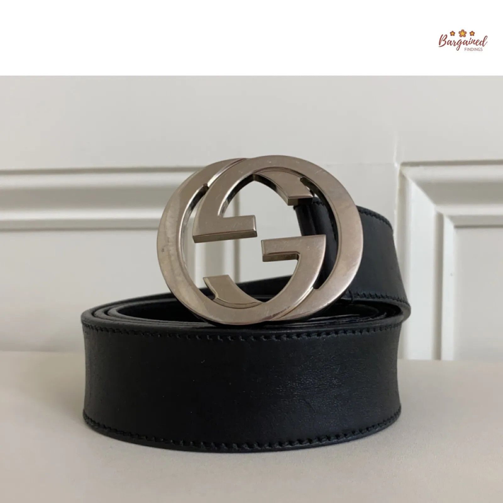 Gucci Calfskin Leather Silver Interlocking G Buckle Belt