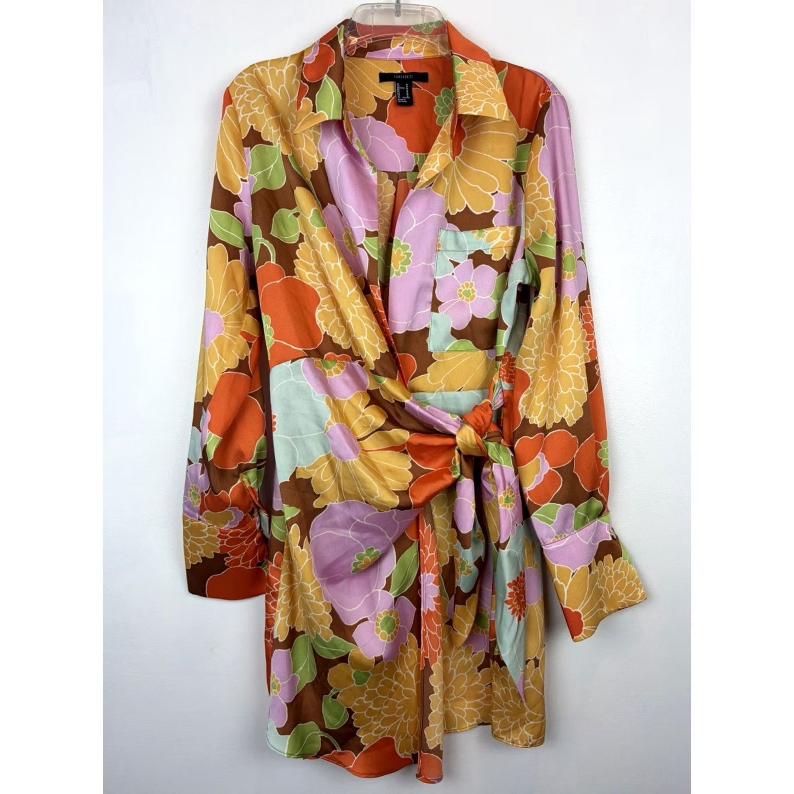 Forever 21 FOREVER 21 Y2K Wrap Mini Dress Womens M Floral Print 70s Hippie Bodycon Fit & Flare Short Brown Polyester Size M / US 6-8 / IT 42-44 - 2 Thumbnail