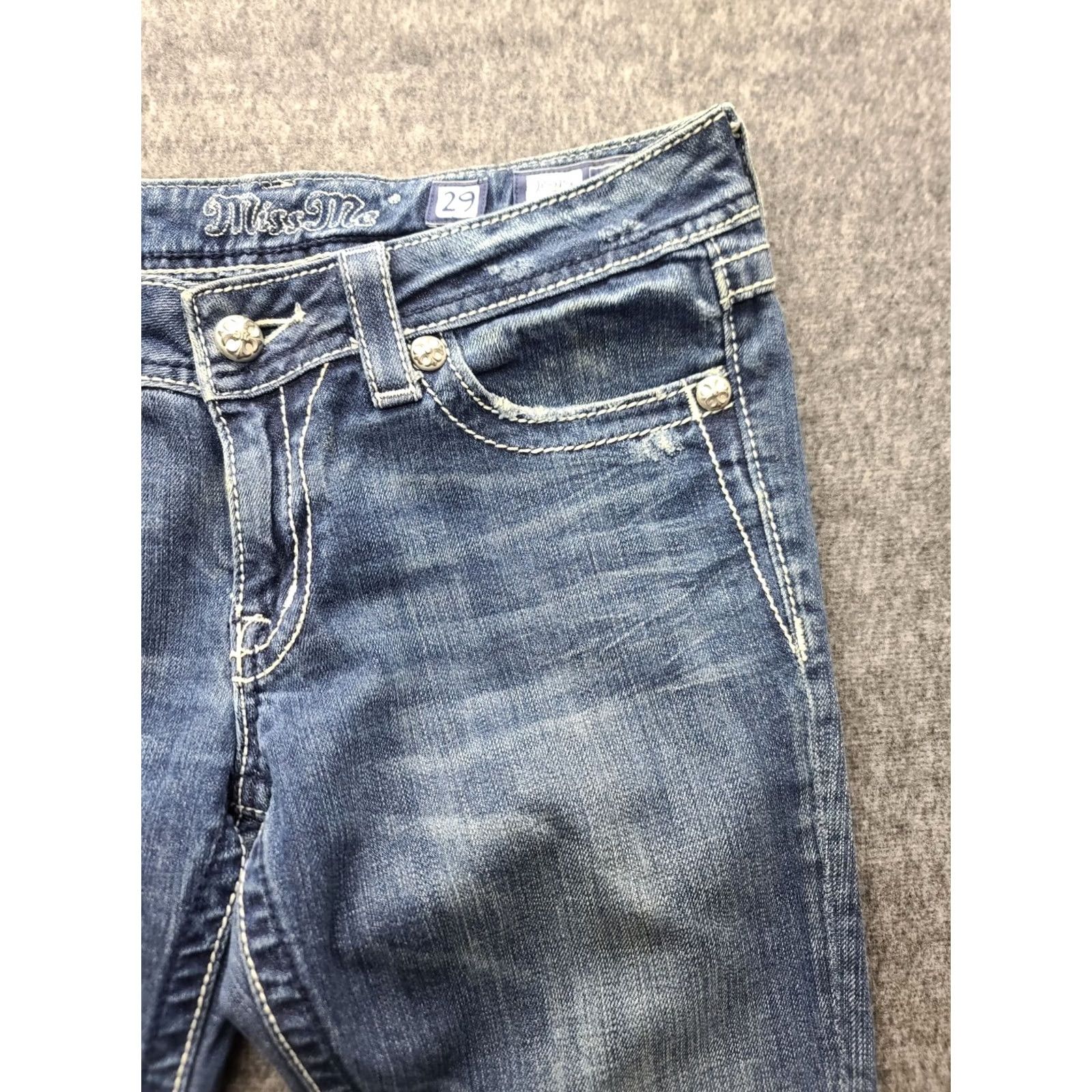 Miss Me Miss Me Jeans Womens 29x32 Regular Fit Bootcut Mid Rise Distressed Stretch Denim Blue Embroidered Rhinestone 5-Pocket Design Size 29" - 4 Thumbnail