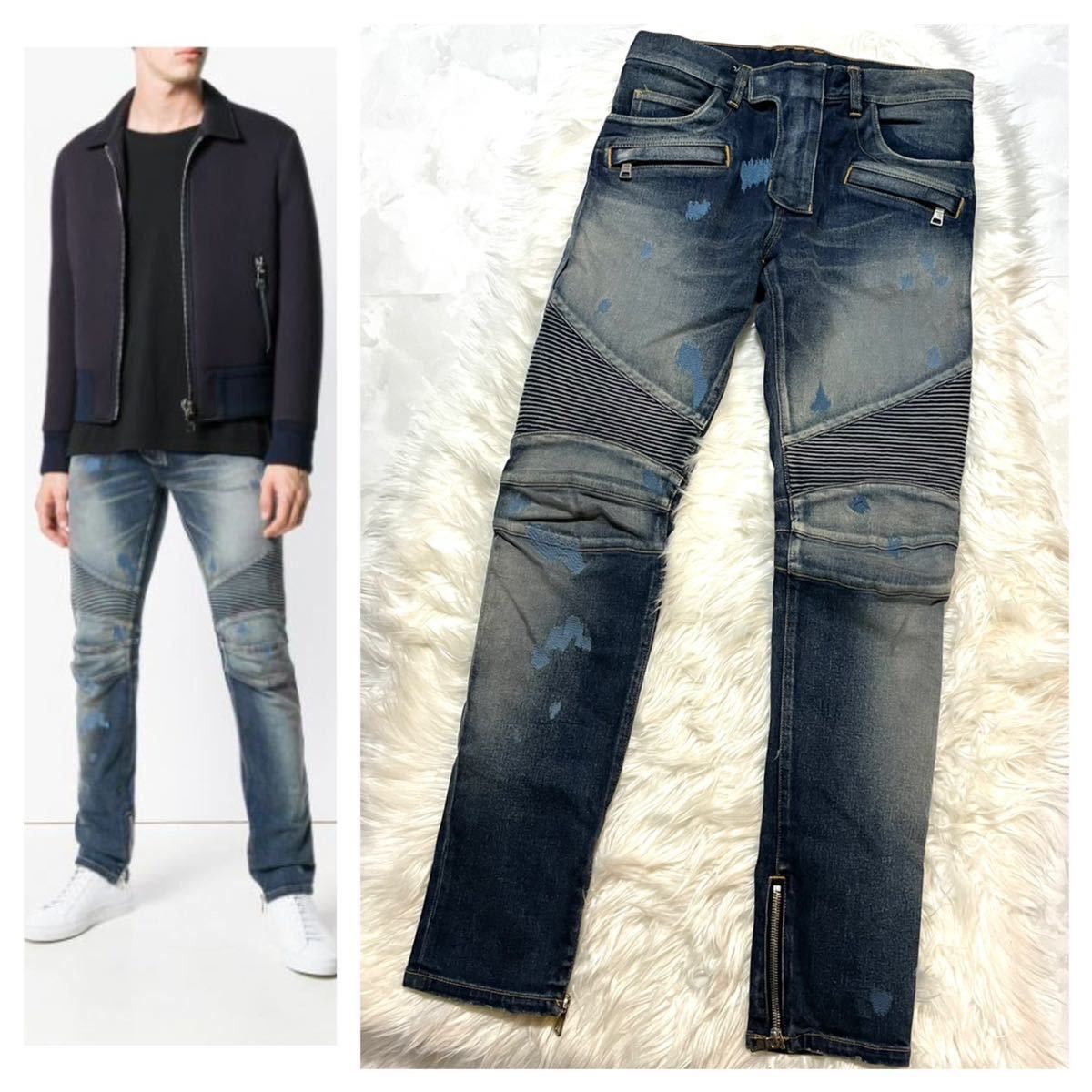 Balmain Homme paint processing hem sbiker denim pants jeans
