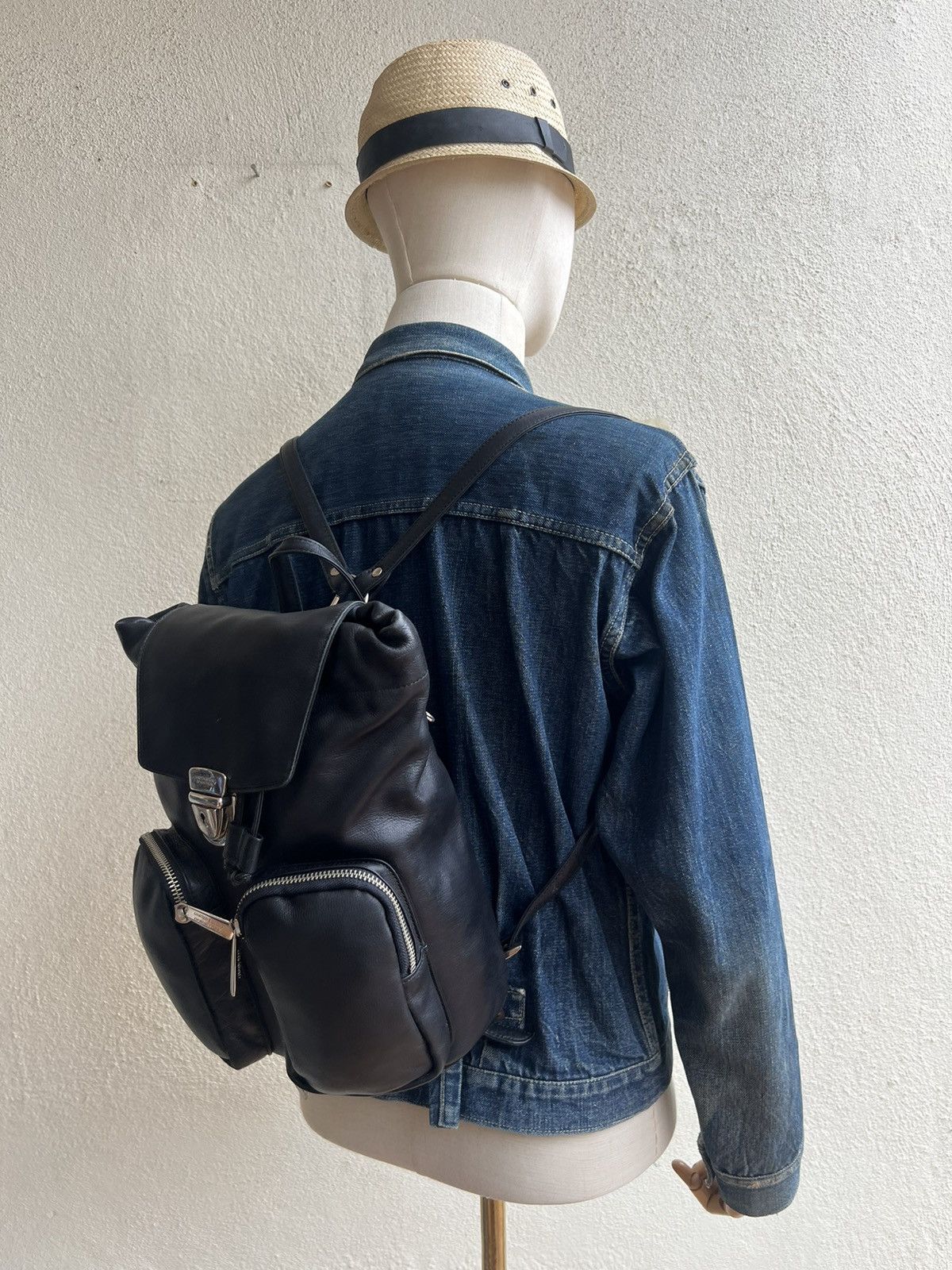 Leather Vintage 90s UCOB Patina Black Leather Cargo Backpack Bag Size ONE SIZE - 5 Thumbnail