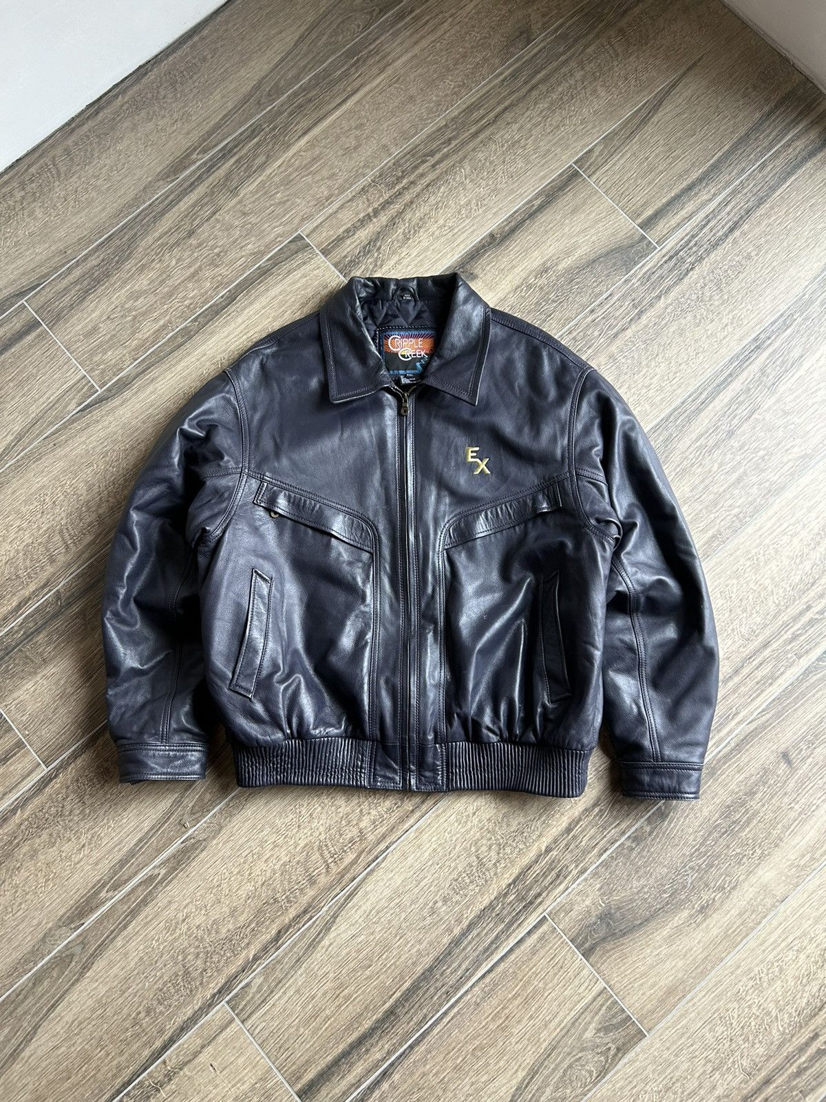 image of Vintage Cripple Creek Big Logo Leather Jacket Mens Y2K in Grey (Size XL)