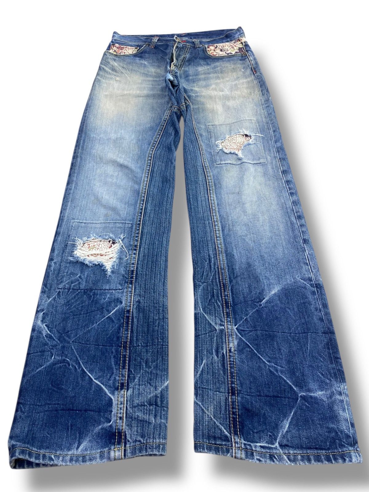 Japanese Brand Eternal Blue Ripped Patchwork Style Loose Jeans Size US 30 / EU 46 - 1 Thumbnail