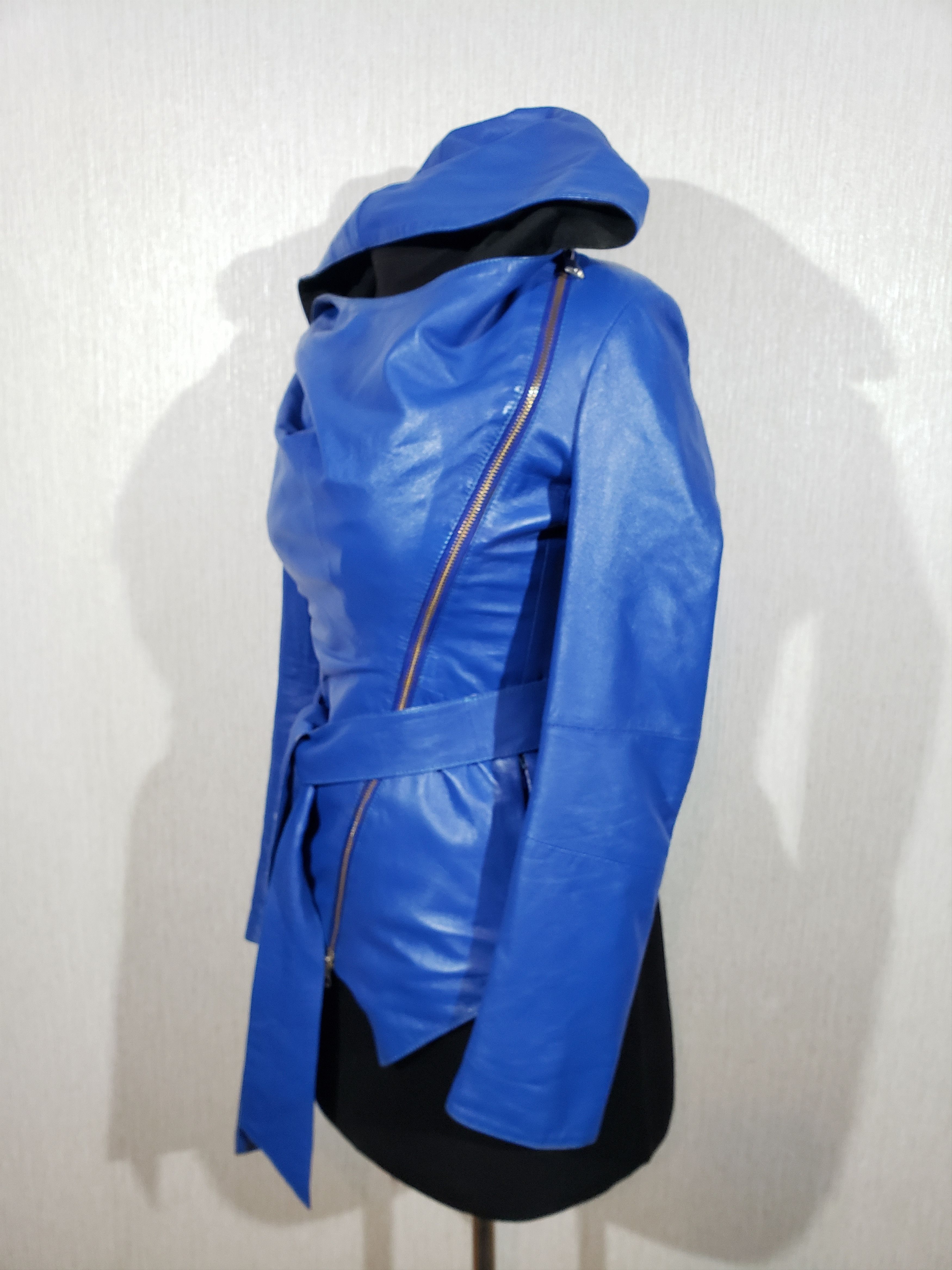 Other Stylish blue leather jacket for women with a hood. Size S / US 4 / IT 40 - 2 Thumbnail