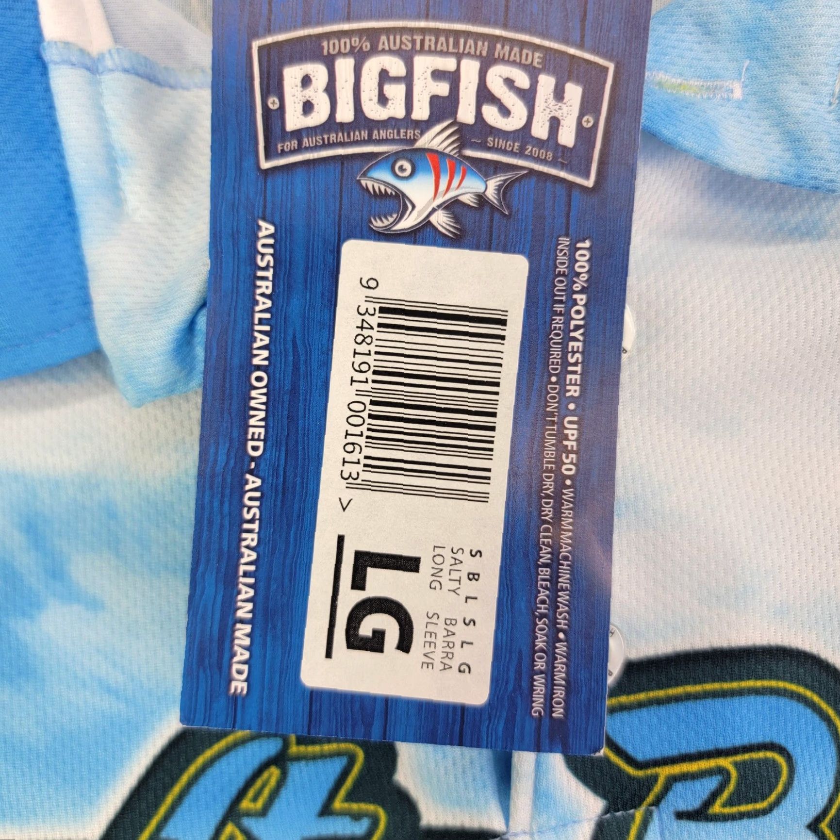 Vintage BIGFISH Polo Shirt Mens L Blue Salty Barra Graphic Print Long Sleeve Fishing Microfiber 100% Polyester UV Moisture Wicking Sail NZ? Size US L / EU 52-54 / 3 - 3 Thumbnail