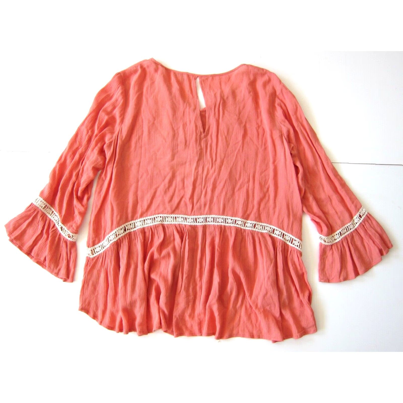 Vintage UMGEE Blouse Shirt Women Long Sleeve Tunic L Orange Ivory Lace Crochet Peasant V-Neck 100% Rayon Size L / US 10 / IT 46 - 2 Thumbnail