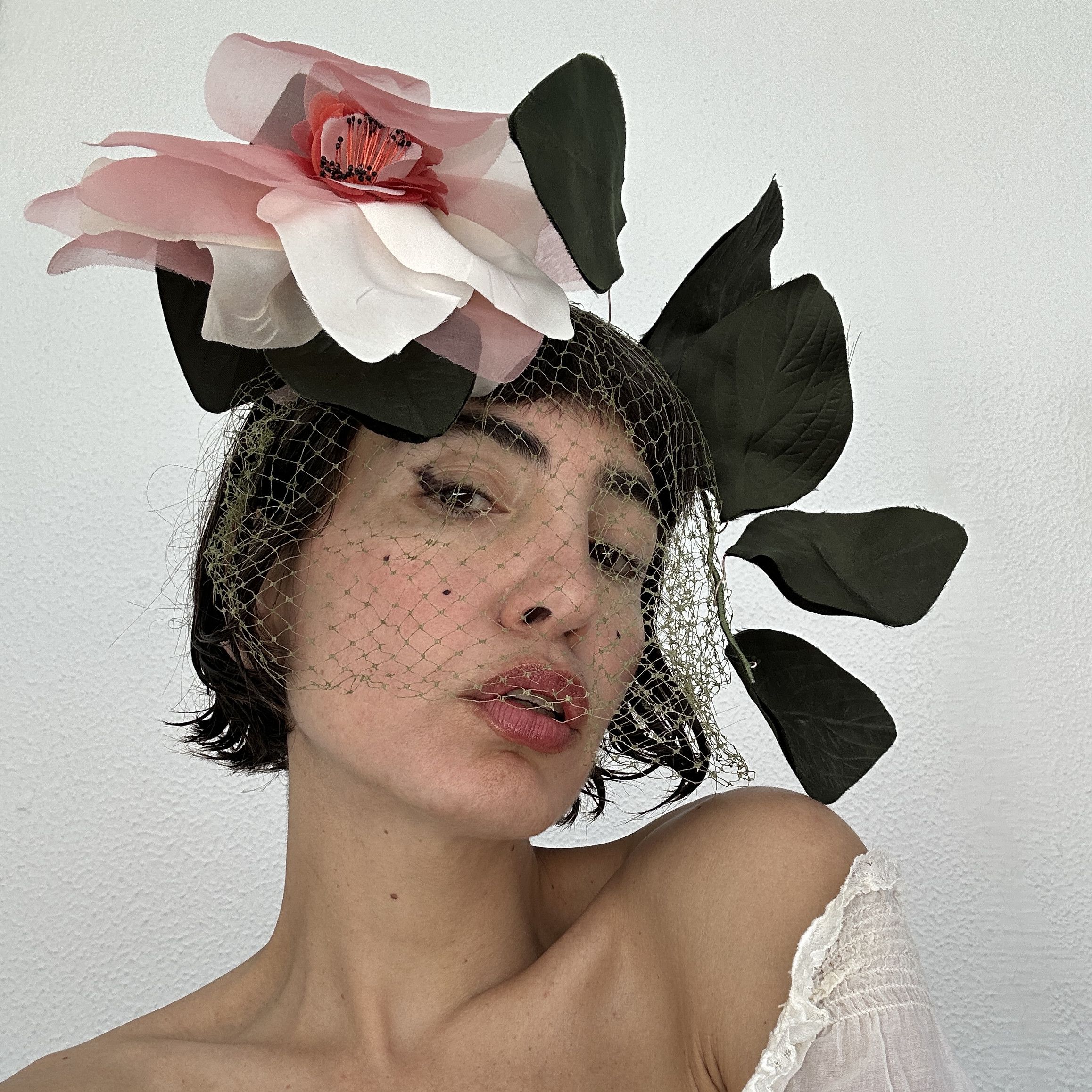 Designer Magnolia fascinator with veil, designer flower headpiece Size ONE SIZE - 1 Thumbnail