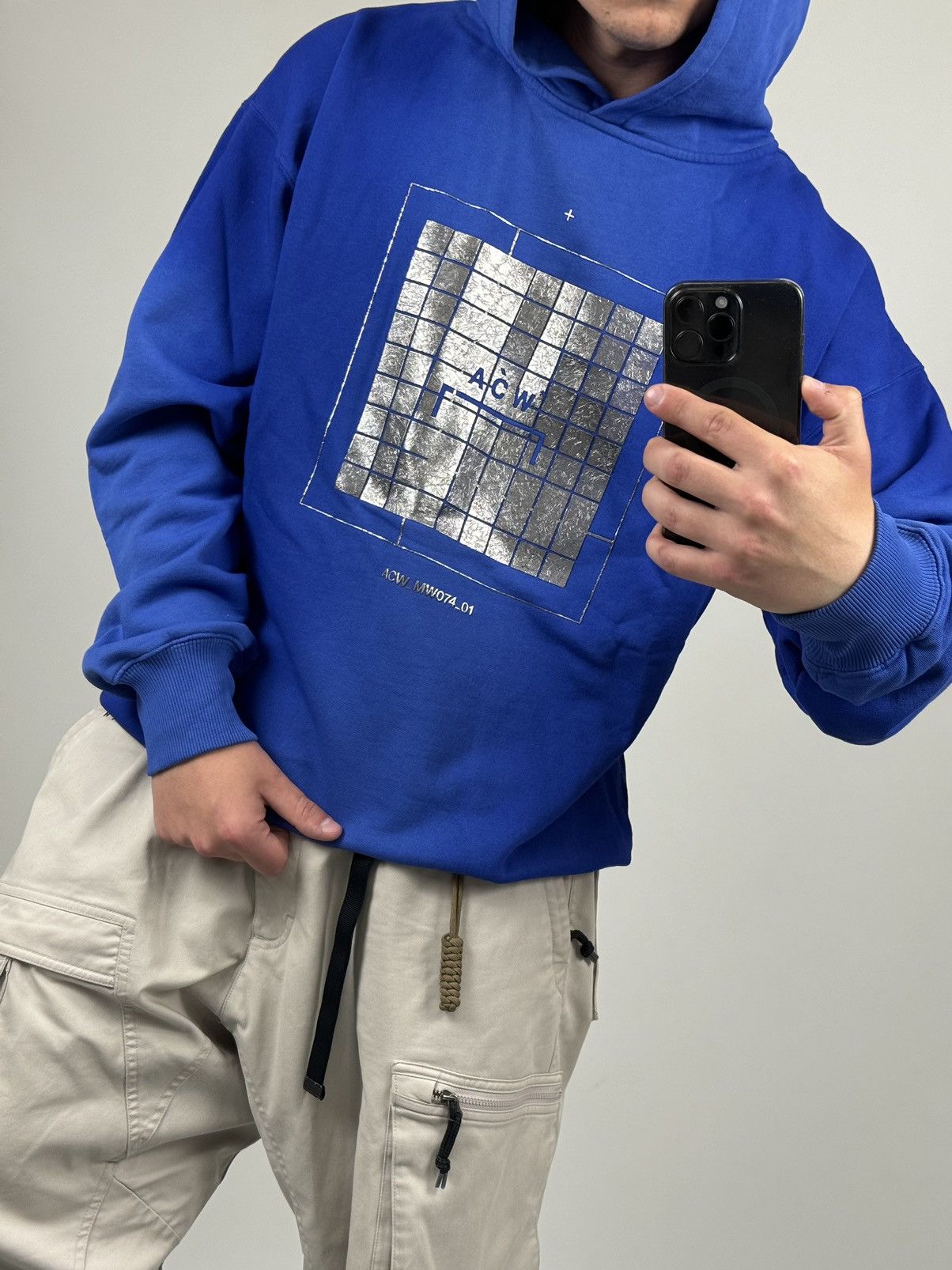 image of New A Cold Wall Foil Grid Volt Blue Metal Logo Hoodie in Blue/Navy, Men's (Size XL)
