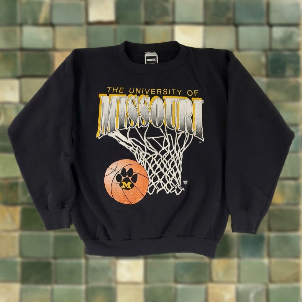 VINTAGE University Missouri Sweatshirt Basketball Tultex Mens XL Black VTG 80s Pullover Shirt