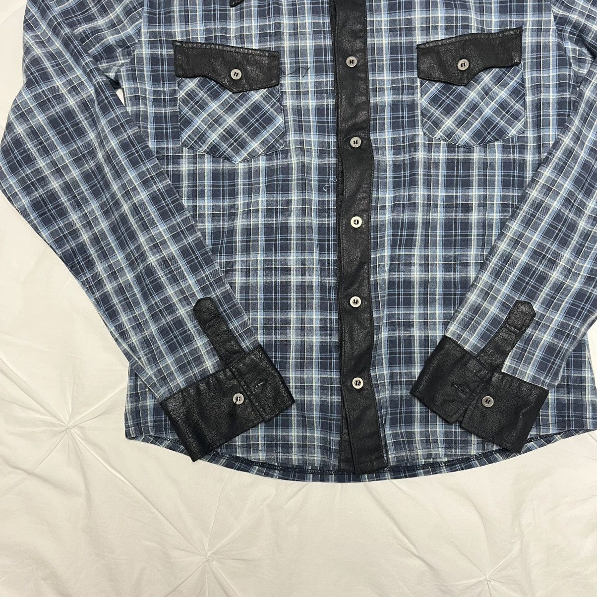 If Six Was Nine × Le Grande Bleu (L.G.B.) × Tornado Mart Pearl Snap Glad News Button Up Cracked Leather/Flannel Size US XS / EU 42 / 0 - 2 Thumbnail