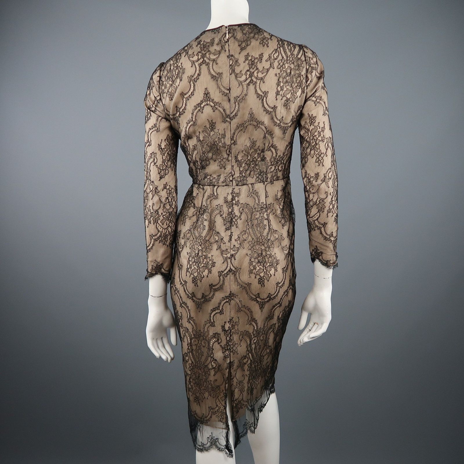 Other DENNIS BASSO Beige Black Lace Overlay Long Sleeve Cocktail Size S / US 4 / IT 40 - 6 Thumbnail