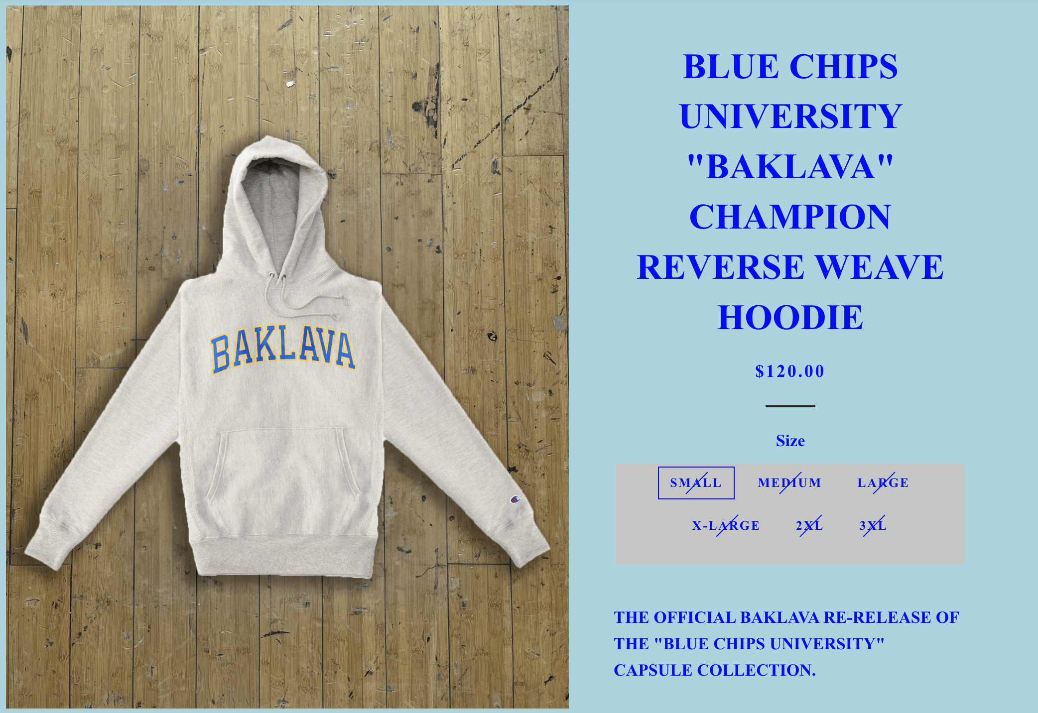 Action Bronson Blue Chips University "BAKLAVA" Champion Reverse Weave Hood Size US L / EU 52-54 / 3 - 7 Thumbnail