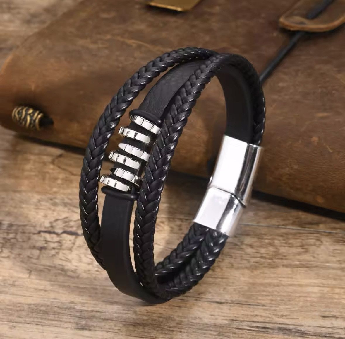 Jewelry × Leather New Gentle Black Mens Bracelet PU Leather Size ONE SIZE - 4 Thumbnail