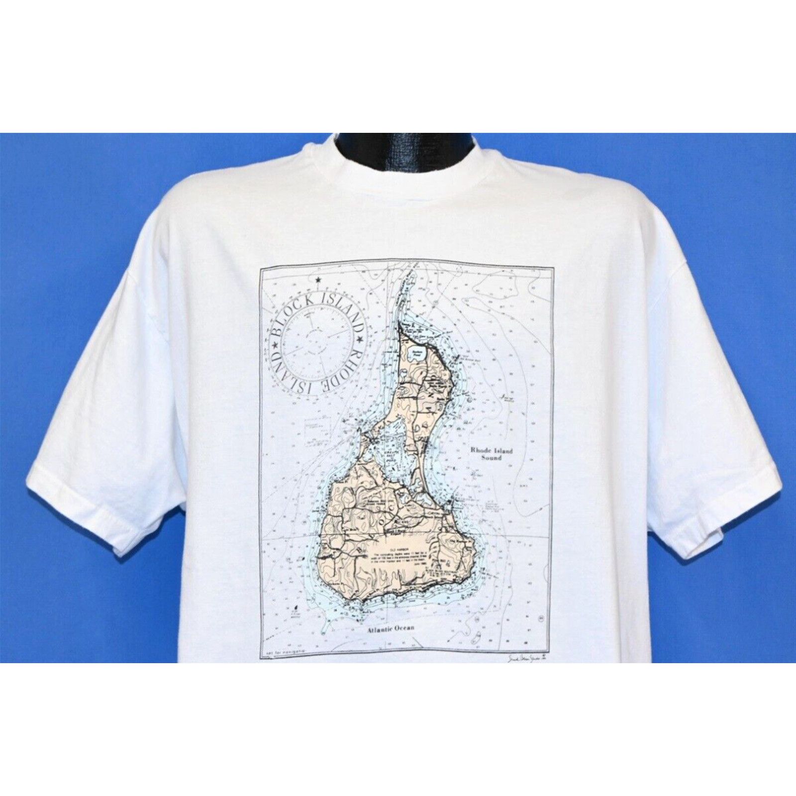 image of Hanes Vintage 90's Block Island Rhode Island Topographical Map Ri Sound 1990 T-Shirt XL in White