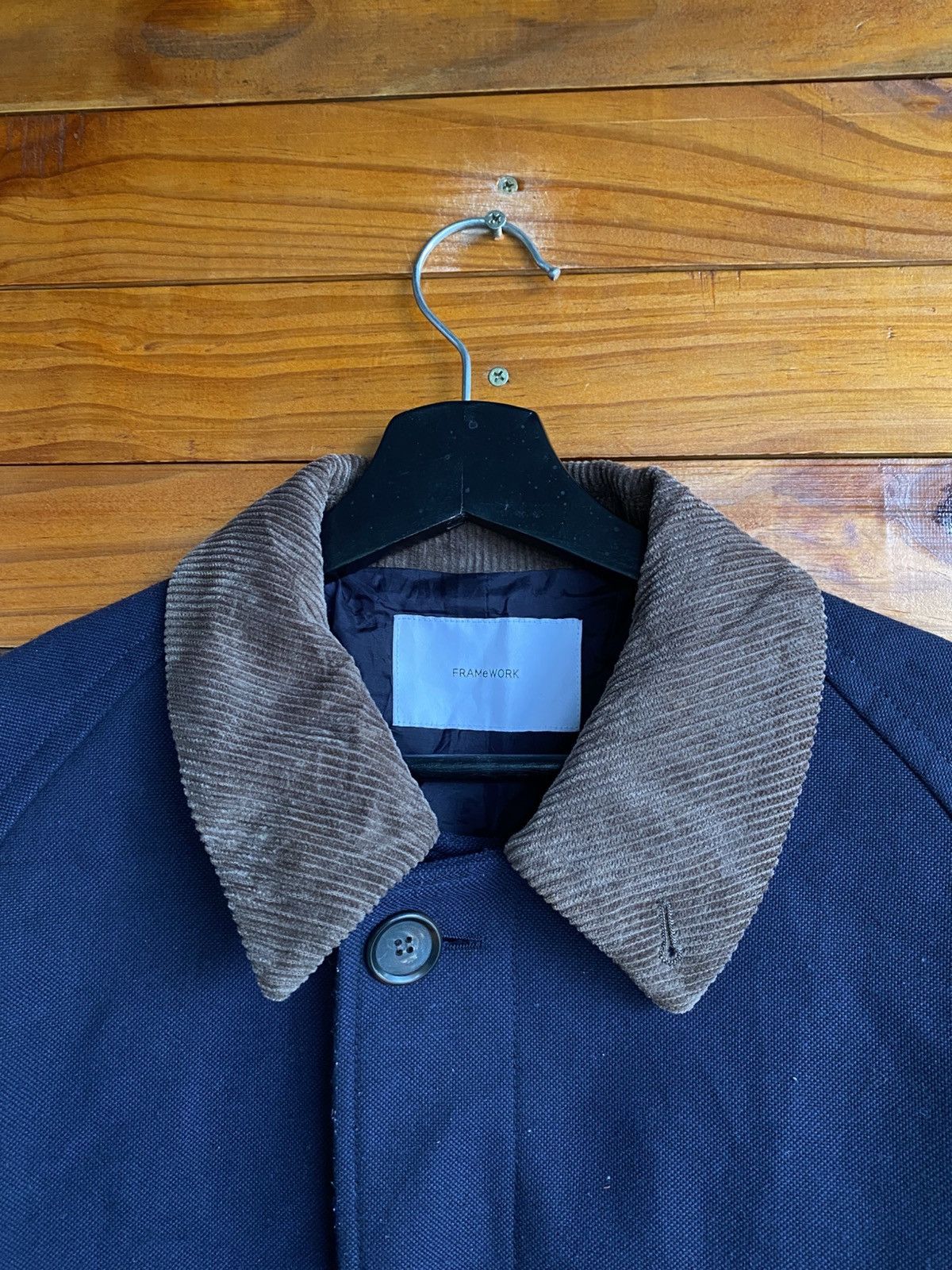 Frame Framework Japan Long Coat Corduroy Collar Navy Wool Blend Size US M / EU 48-50 / 2 - 8 Thumbnail
