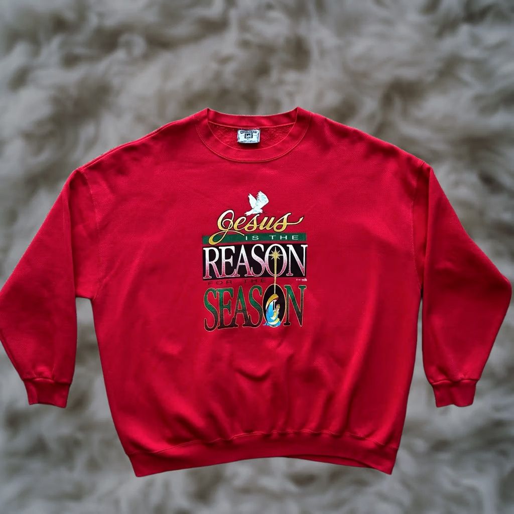 Lee VINTAGE Lee Jesus Sweater Mens 4XL Pullover Crewneck Red Long Sleeve 1997 Size US XXL / EU 58 / 5 - 1 Thumbnail