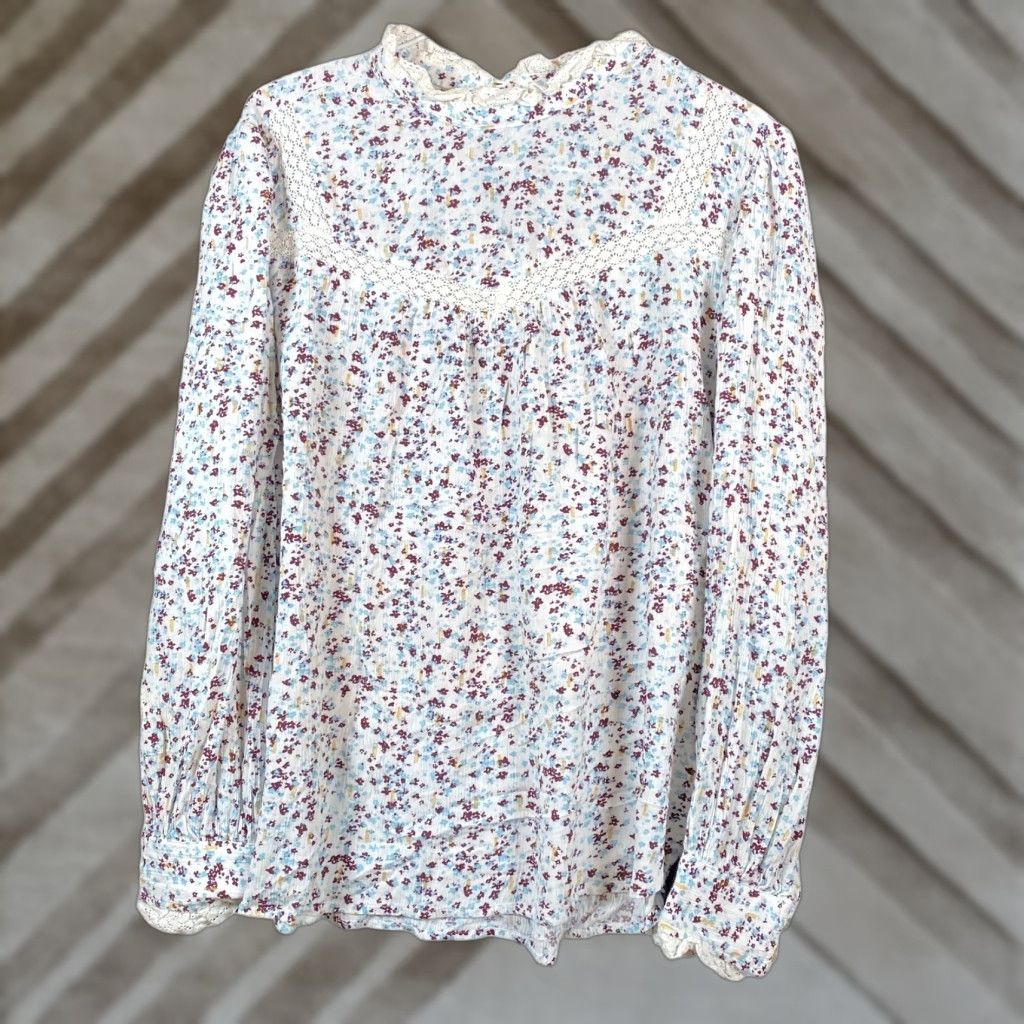 Loft LOFT Blouse Multicolor Floral Bell Sleeve Peasant Crochet Stretch M Womens Top Boho Casual Workwear Vertical Floral Pattern Size M / US 6-8 / IT 42-44 - 1 Thumbnail