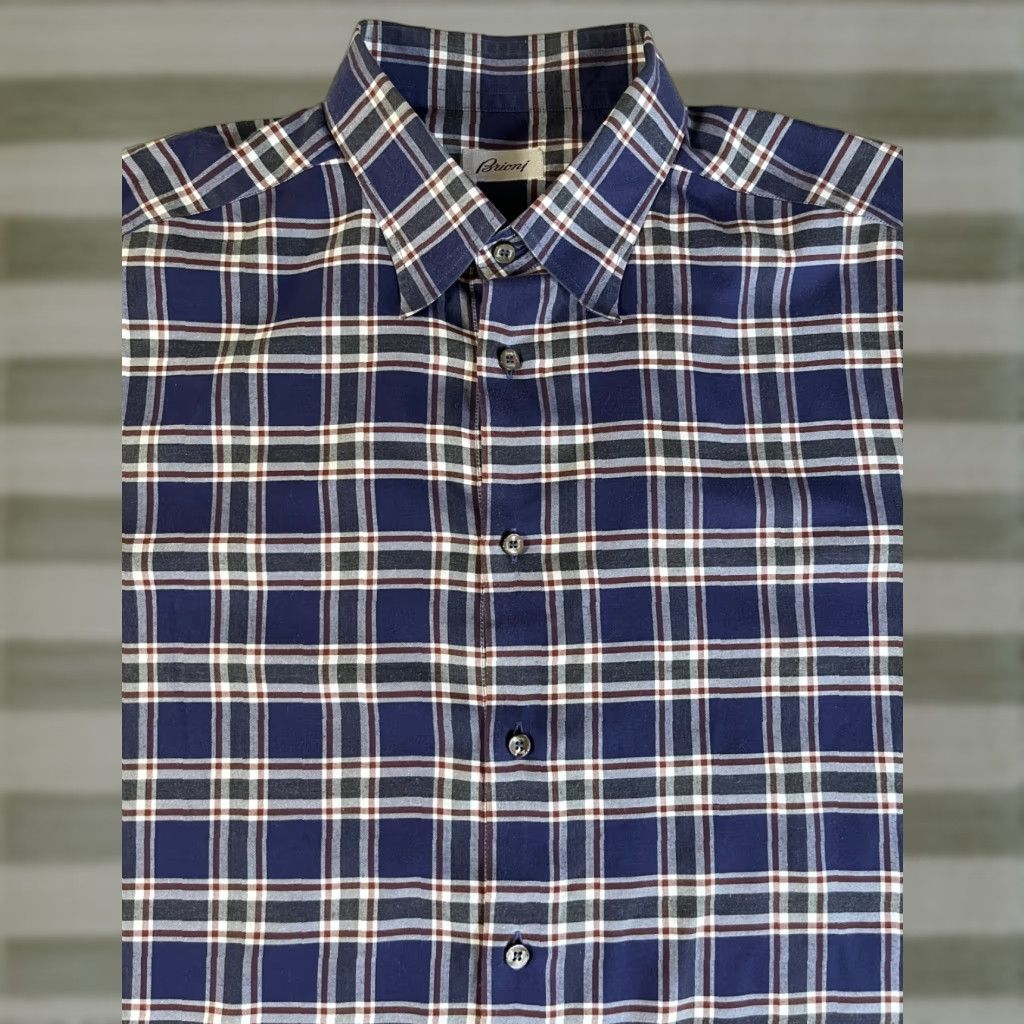 Brioni VINTAGE Brioni Men's Button-Up Shirt Plaid Cotton XL Blue Casual Button-Down Shirt Size US XL / EU 56 / 4 - 1 Thumbnail