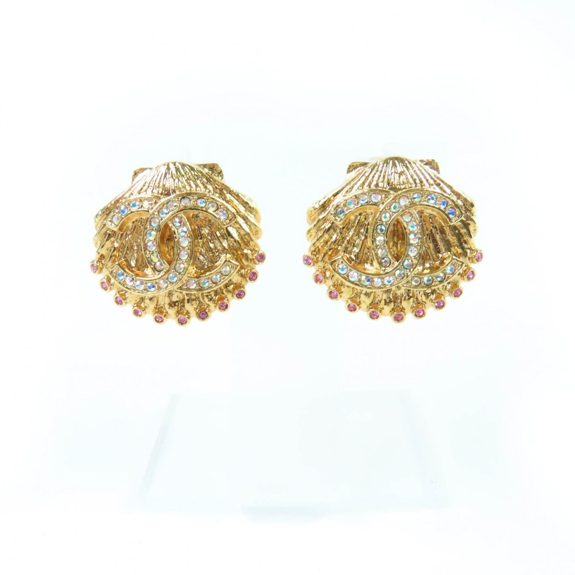 Chanel CHANEL G23C Coco Mark Rhinestone Shell Design Earrings, Gold, with Box, Made in France, Women's Size ONE SIZE - 1 Thumbnail