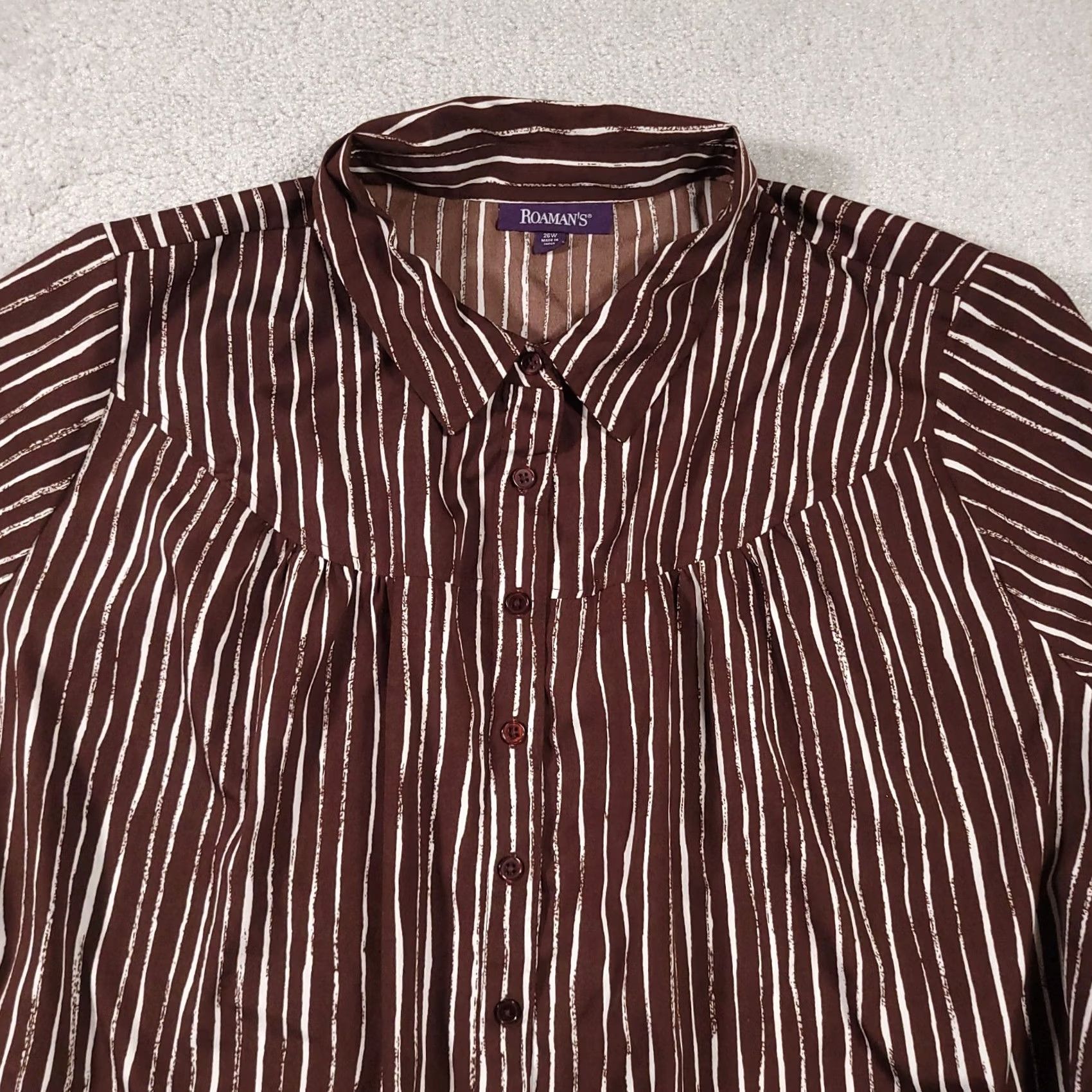 Vintage Roamans Button Up Shirt Women's 26W Brown Striped Short Sleeve Collared Casual Size 4XL / US 24-26 - 3 Thumbnail
