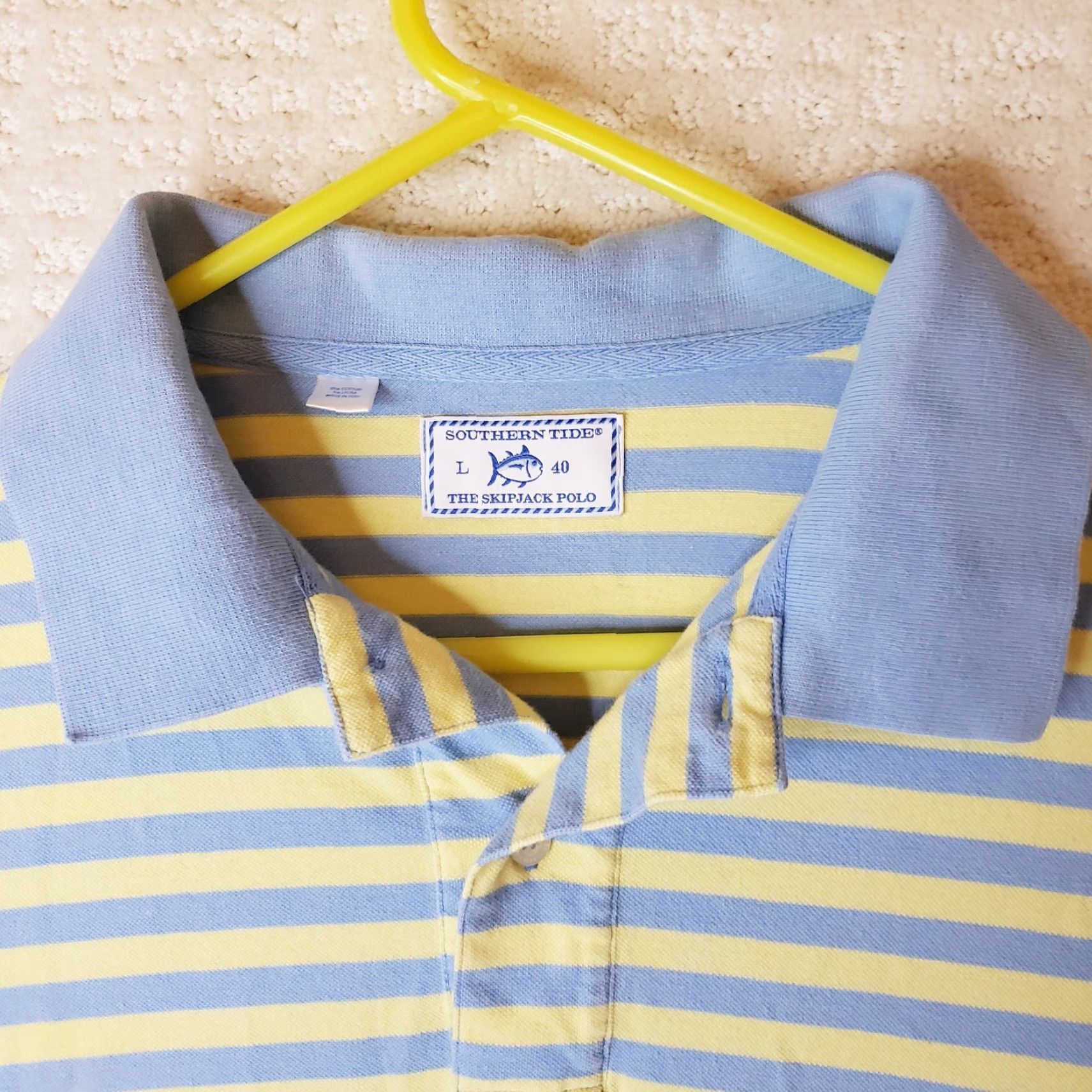 Southern Tide VINTAGE Southern Tide SkipJack Polo Shirt L Mens Striped Blue Yellow Polyester Cotton Blend Short Sleeve Polo Shirt with Fat Tuna Accents Size US L / EU 52-54 / 3 - 5 Thumbnail