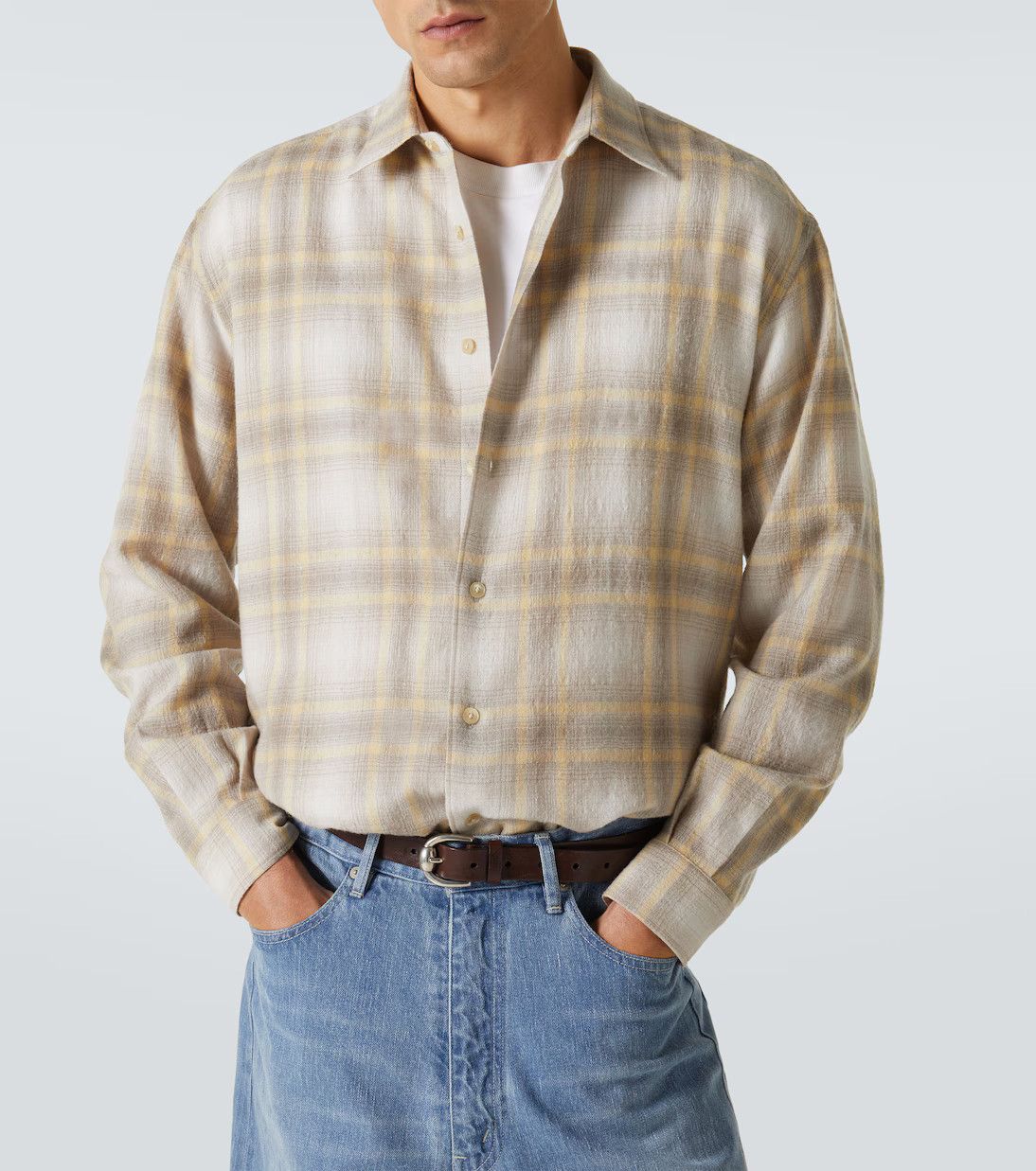 Auralee 💚 Auralee Airy Wool Check Shirt Yellow Gray Check NEW Size US XL / EU 56 / 4 - 3 Thumbnail