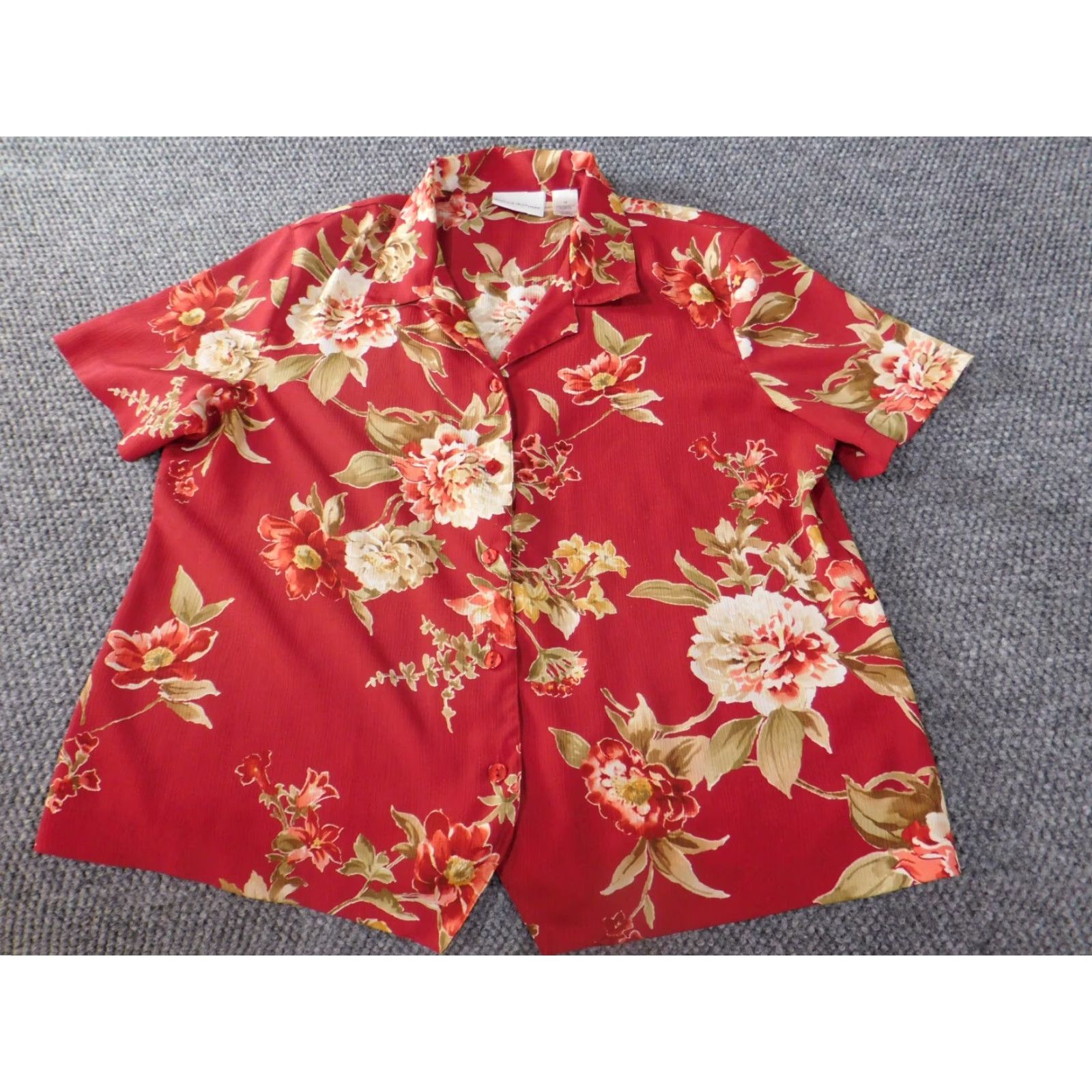 Vintage Alfred Dunner Womens Button-Up Blouse 14 Red Floral Collared Short Sleeve Casual Size XL / US 12-14 / IT 48-50 - 3 Thumbnail