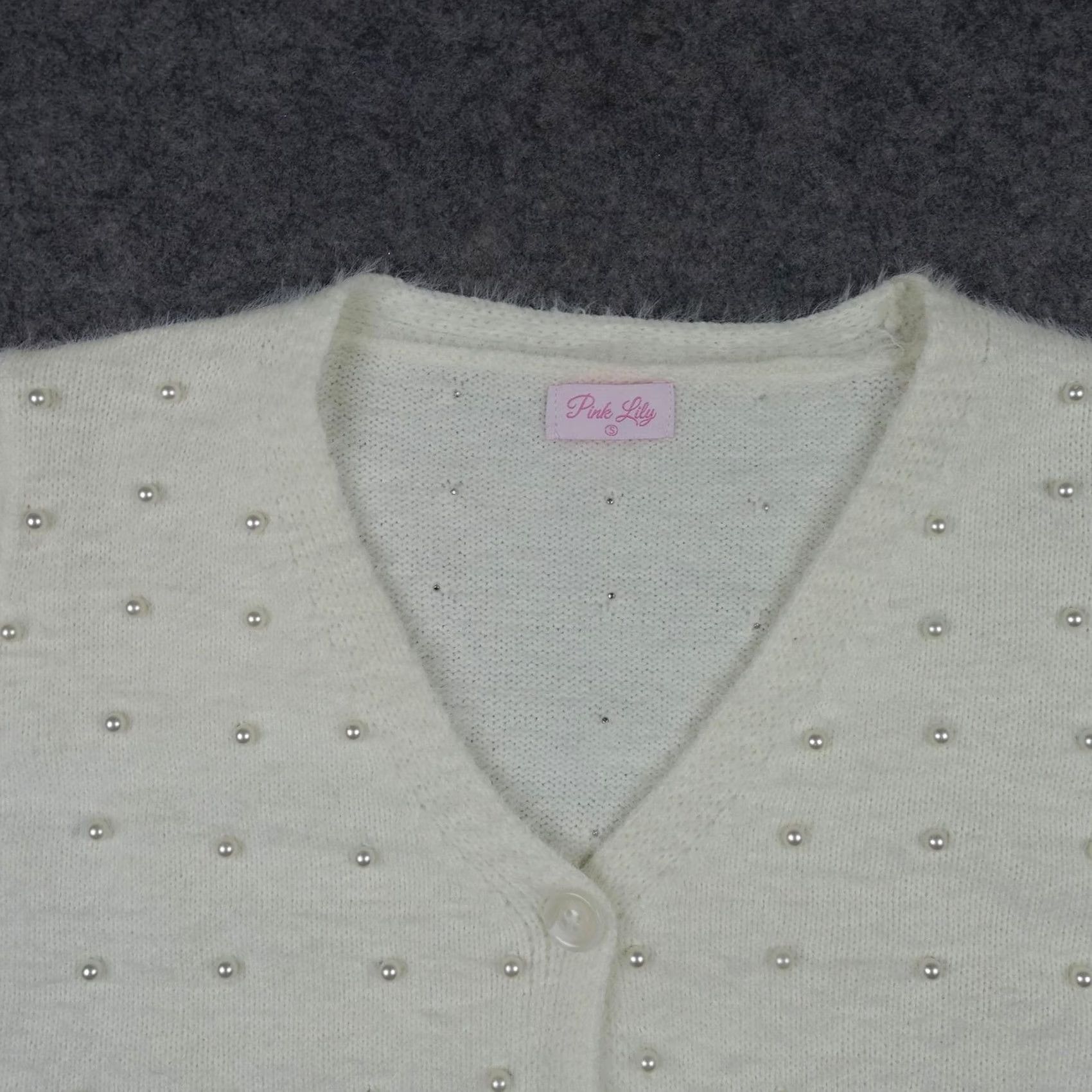 Vintage Pink Lily Sweater Cardigan Womens Small White Beaded Button Knit V-Neck Y2K Vintage: No Size S / US 4 / IT 40 - 2 Thumbnail