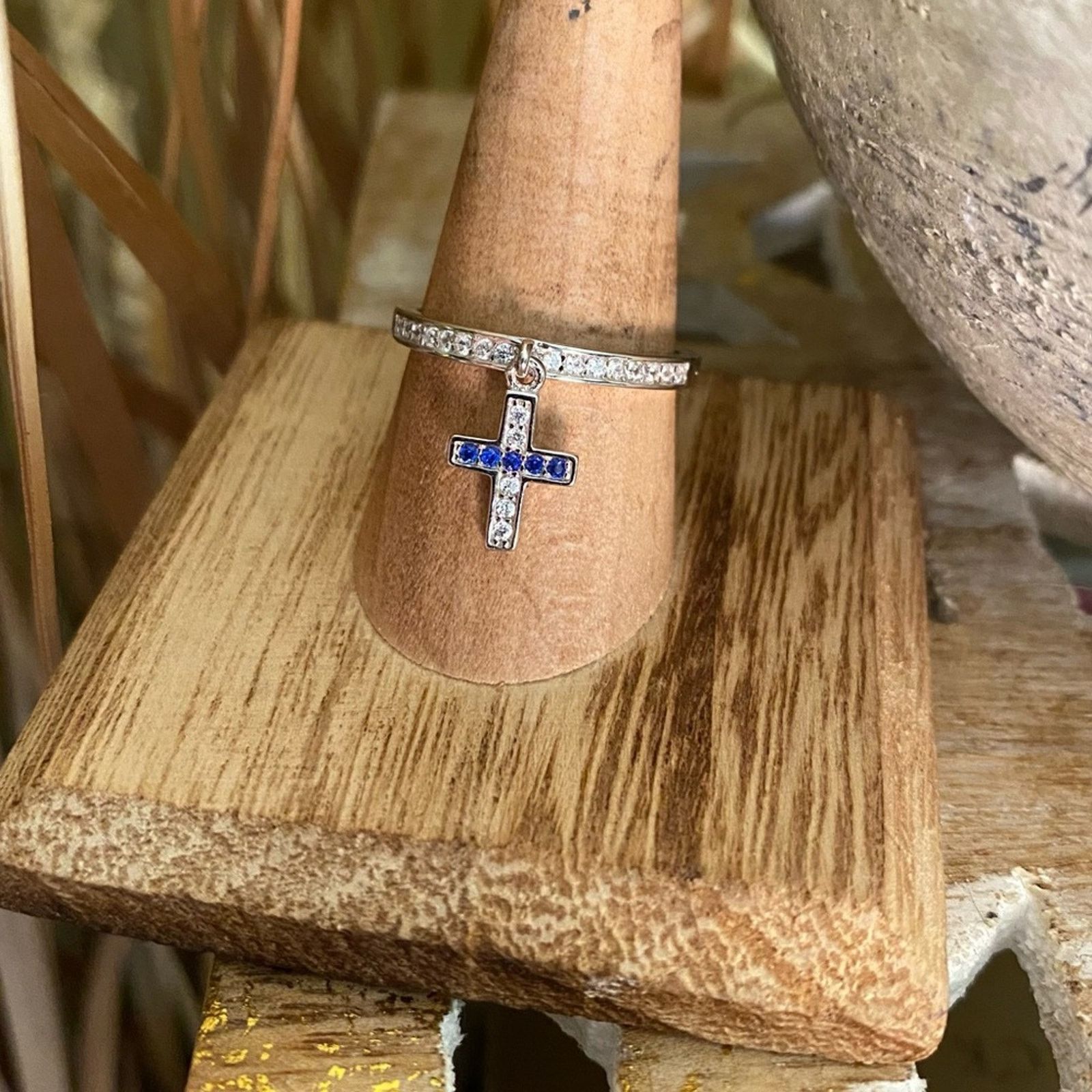 The Unbranded Brand Sapphire CZ Cross Dangle Sterling Silver Ring Size ONE SIZE - 2 Thumbnail