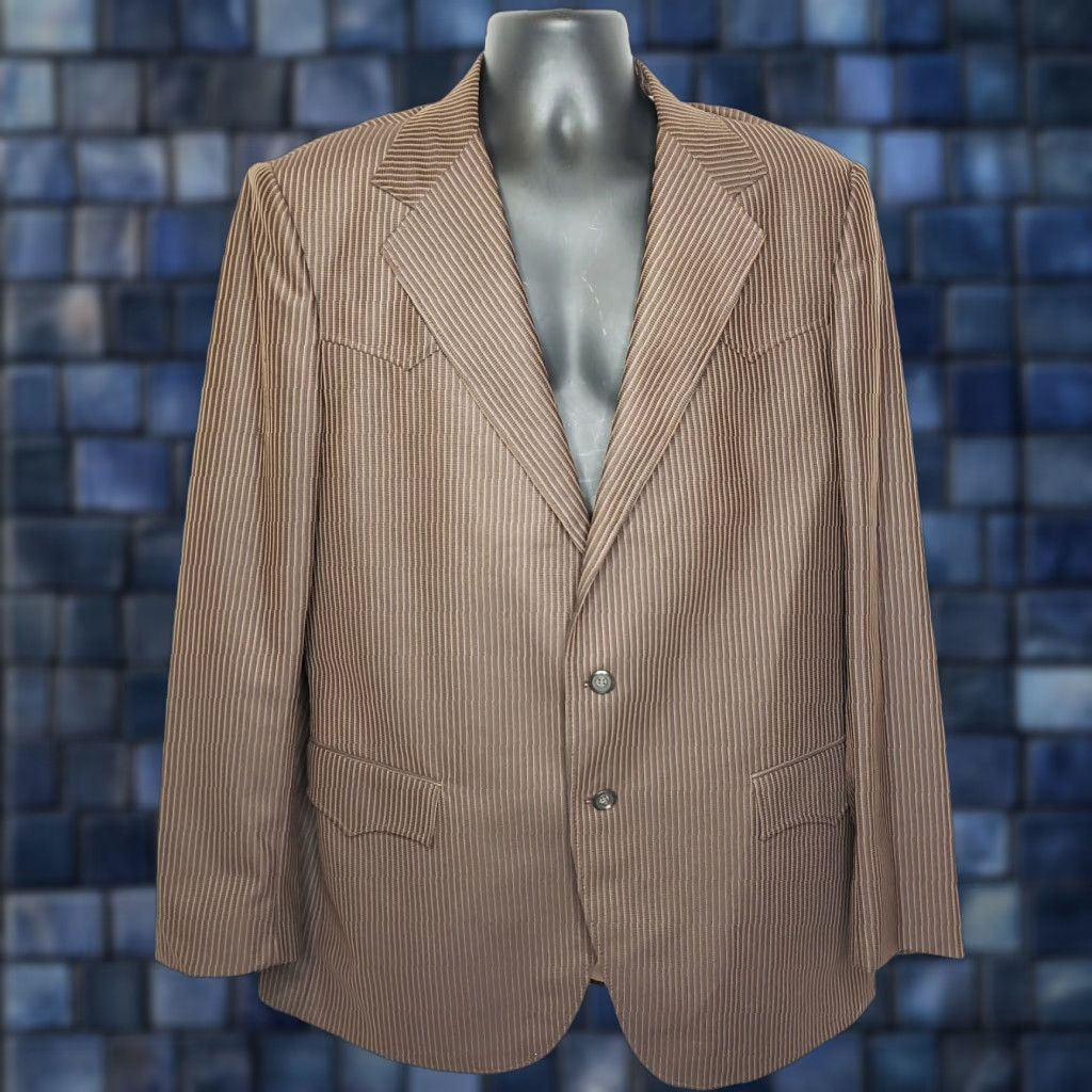 Vintage Ranchman Lasso Vintage Western Rockabilly Suit Jacket 46L Striped Men Regular Brown Long Jacket Mens 46L Vintage Western Suit Coat Size 46R - 1 Thumbnail