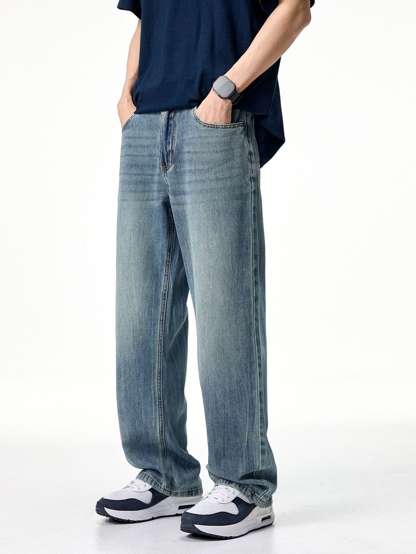 Japanese Brand Men's Retro Loose-Fit Straight-Leg Washed Wide-Leg Jeans Size US 32 / EU 48 - 2 Thumbnail