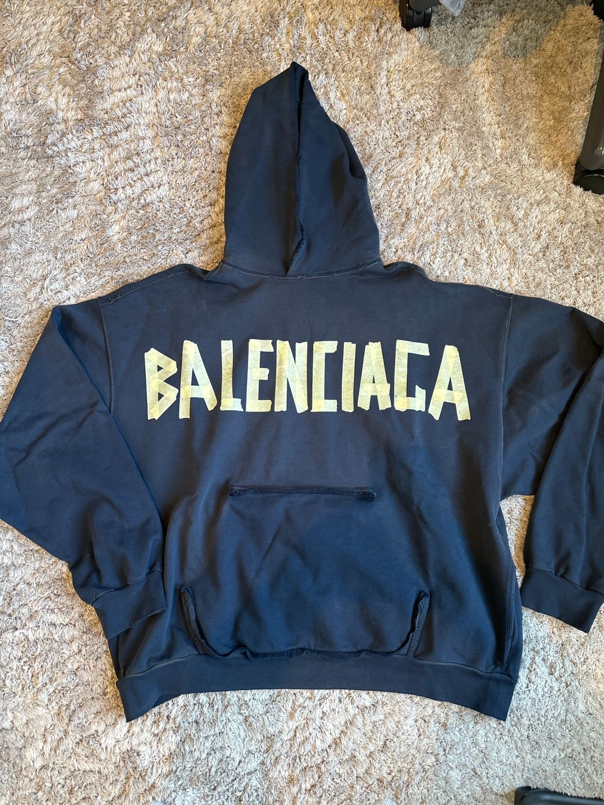 Pre-owned Balenciaga Tape Type Hoodie Black Navy Ripped Up