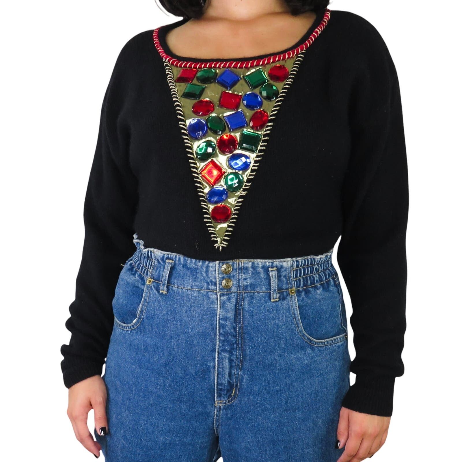 Vintage 80s Vintage Black Sweater Rainbow Chunky Rhinestones Medium Size M / US 6-8 / IT 42-44 - 3 Thumbnail