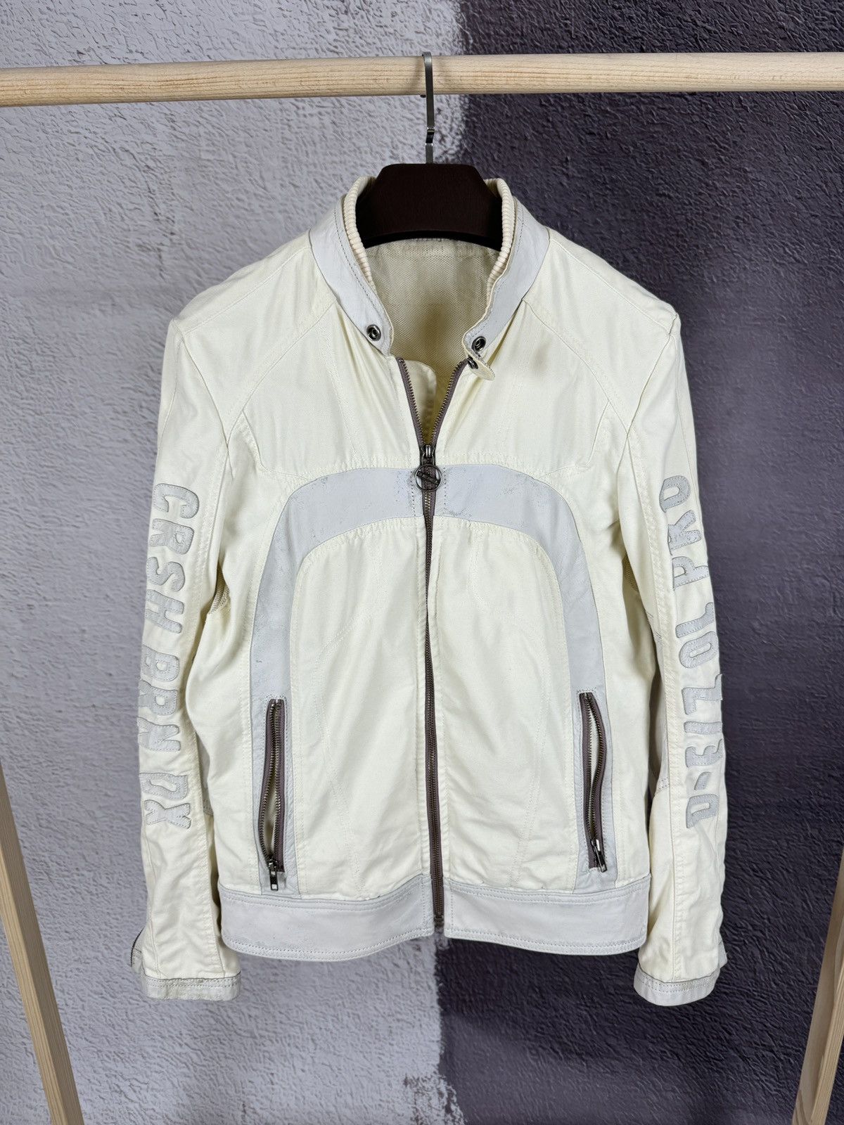 Image of Diesel Canvas Leather Cafe Racer Motorcycle Jacket Biker in White, Men's (Size Small)