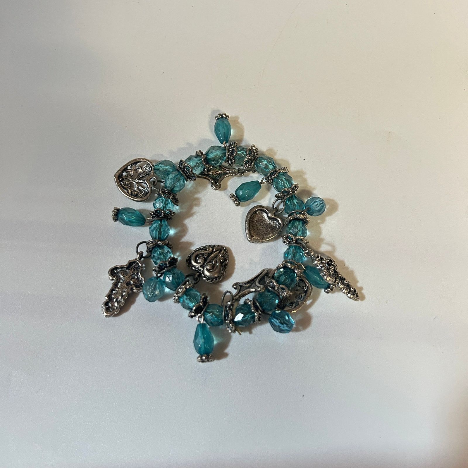 Other Aqua Blue Beaded Silver-Tone Charm Stretch Bracelet Women's Size ONE SIZE - 5 Thumbnail