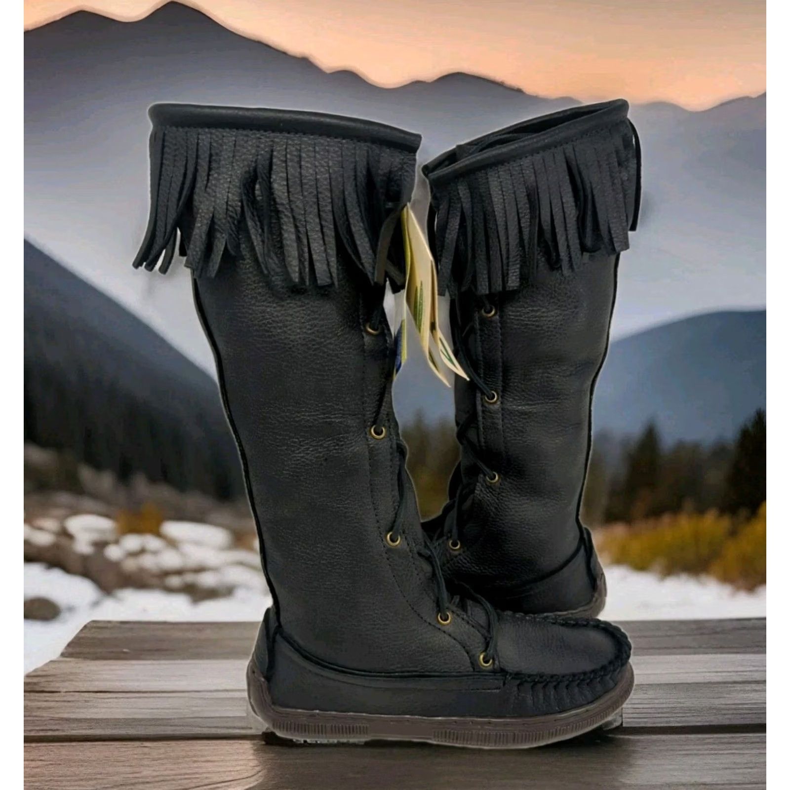 Vintage FOOTSKINS Deerskin Fringe Knee High Boots Black Womens 6 / 6.5 Leather Lining Lace Up Knee High Western 14" 3" Fringe USA NATIVE, 90s, Vintage? Size US 6 / IT 36 - 2 Thumbnail