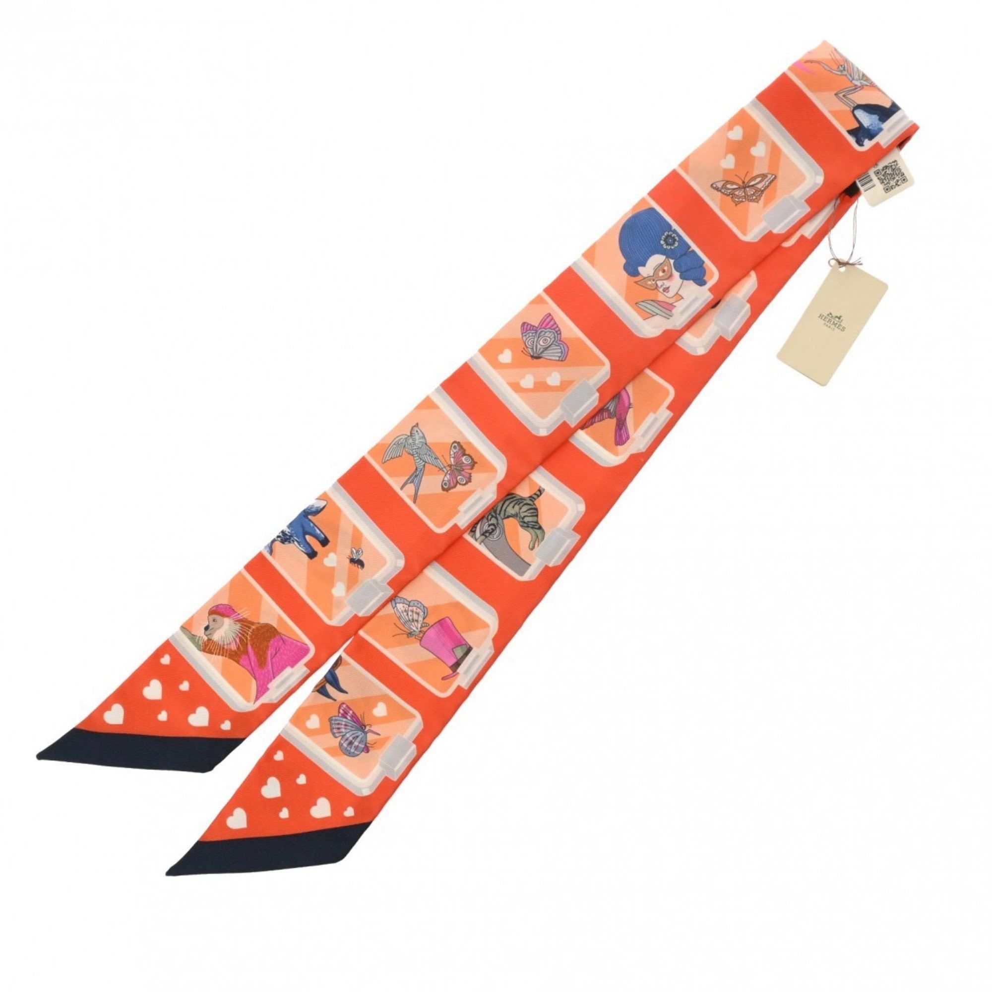 image of Hermes Twilly Story Orange/blue/rose 063875S Women's 100% Silk Scarf Muffler
