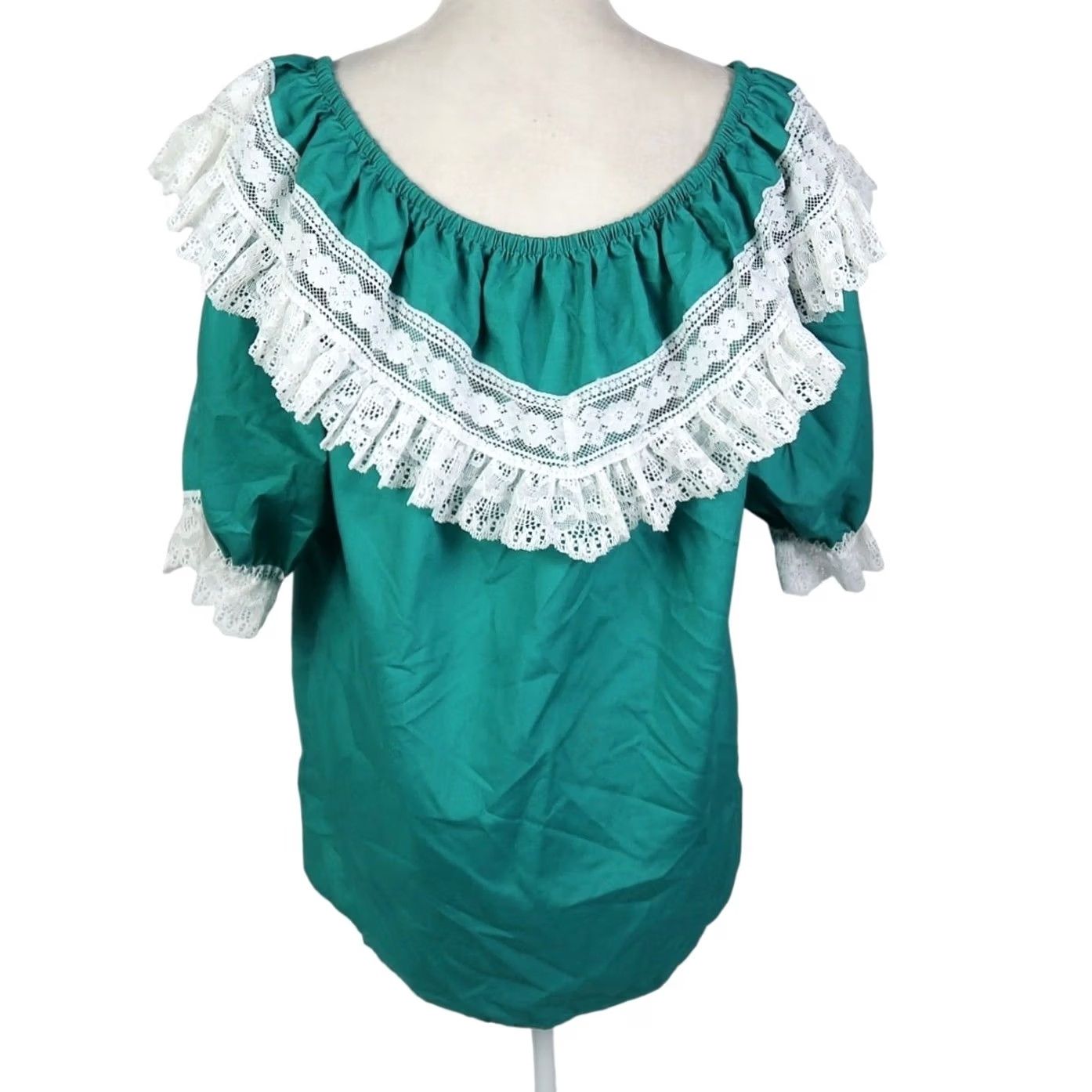 DANCER VINTAGE Malco Modes Green Square Dance Top Lace Trim XL Blouse Short Sleeve Women 70s 80s Bohemian Western, Cotton Polyester Size XL / US 12-14 / IT 48-50 - 4 Thumbnail