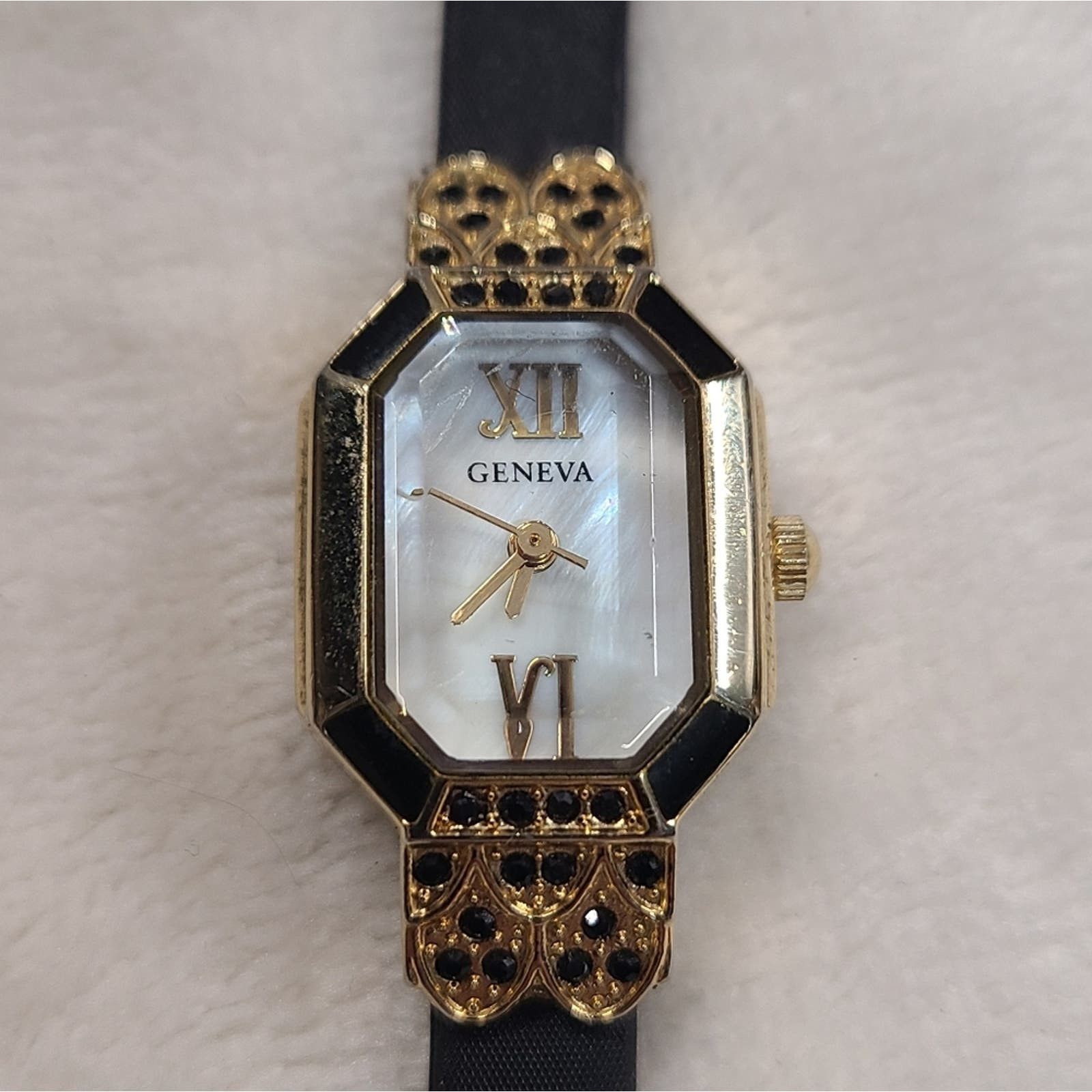 Geneva Women's Gold Tone Crystal Accented Watch - Black Band