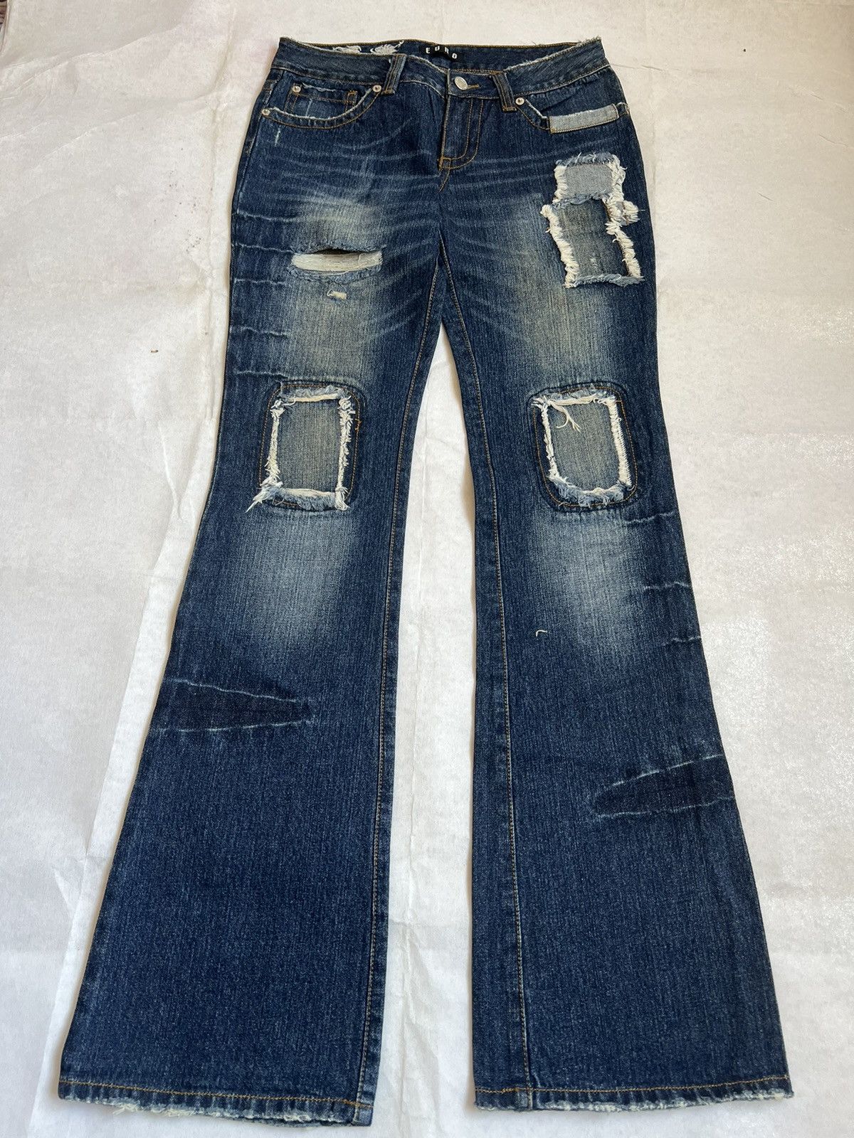 Japanese Brand Euro Distressed Patchwork Flared Jeans Wide Leg Size 29" - 2 Thumbnail
