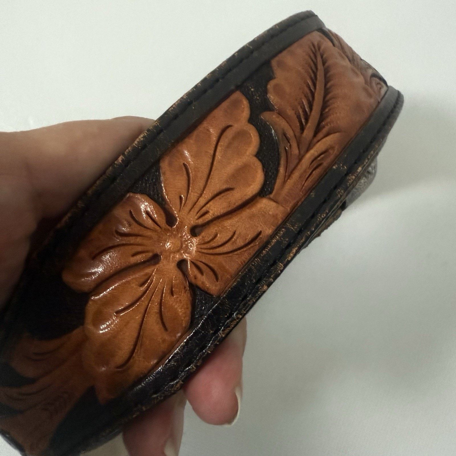 Tony Lama Vintage Belt Hand Tooled Buckle Western Leather Inlay Cowboy Size 32 - 2 Thumbnail
