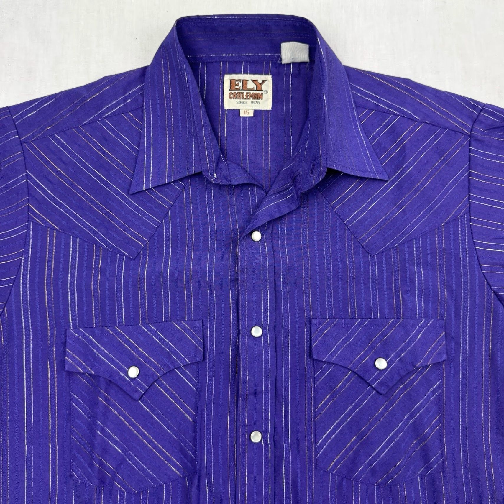 Vintage VINTAGE Ely Cattleman Shirt Adult 15 Striped Button-Up Short Sleeve Western 90s Mens Purple Size US M / EU 48-50 / 2 - 3 Thumbnail