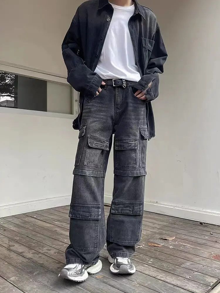 image of Retro Washed Heavy Duty Functional Multi-Pocket Work Jeans in Dark Gray, Men's (Size 32)