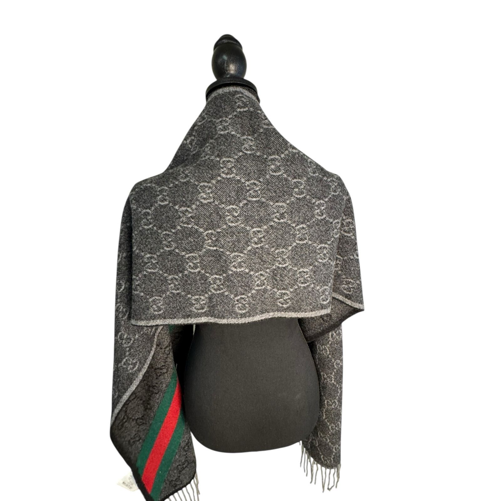 Gucci Gucci Nikky Wool GG Monogram Web Stripe Scarf in Grey Size ONE SIZE - 13 Thumbnail